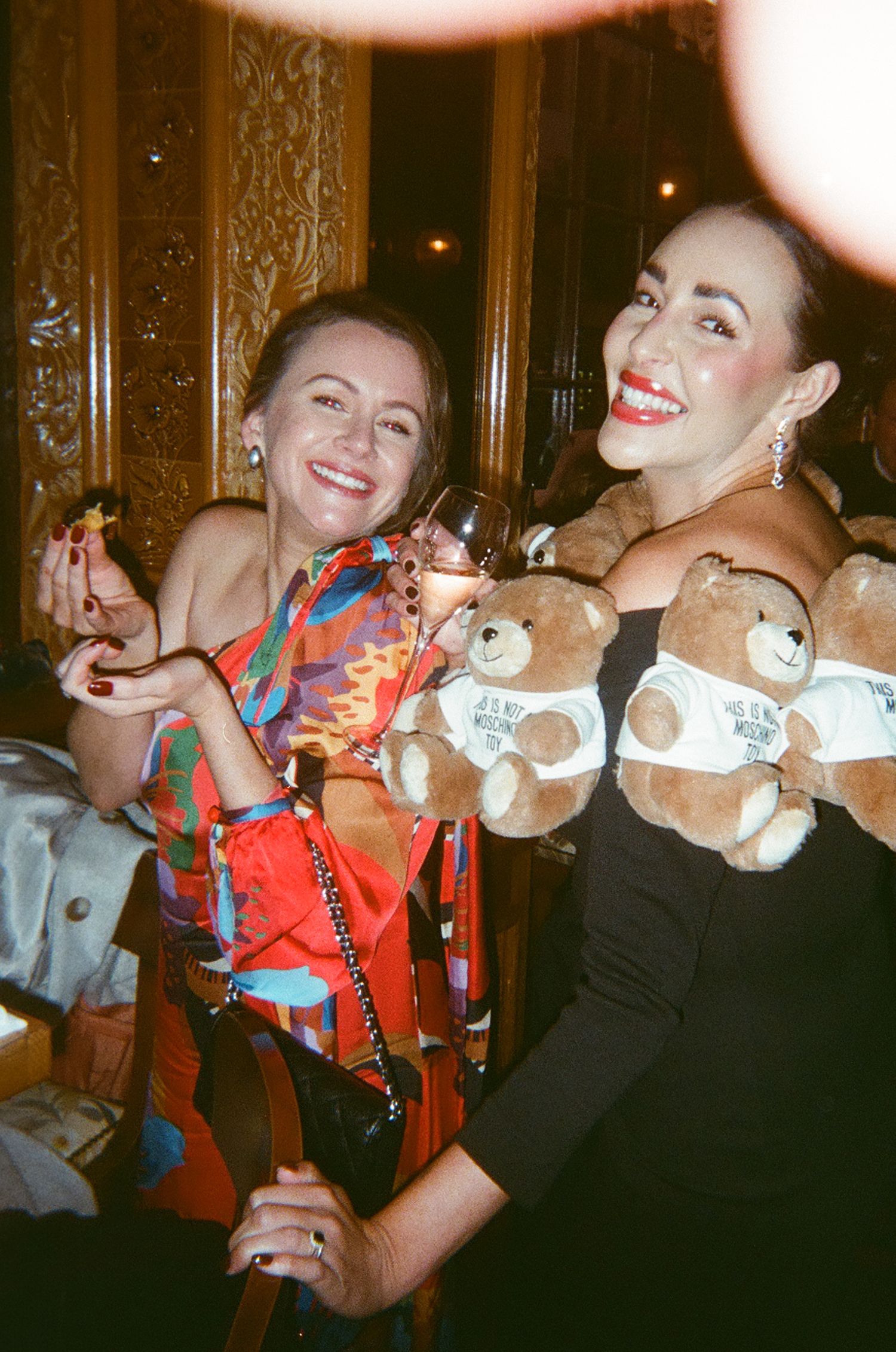A sequence of party photos showing someone posing playfully with a small plush toy bear in a festive setting.
