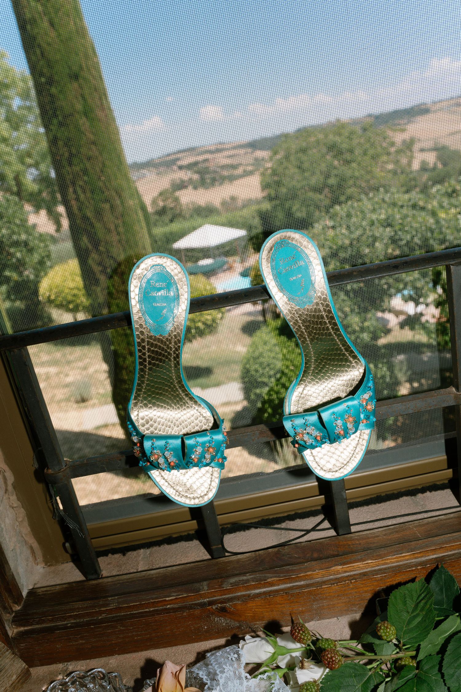 Vintage-style turquoise shoes displayed on a rustic wooden windowsill with countryside views.