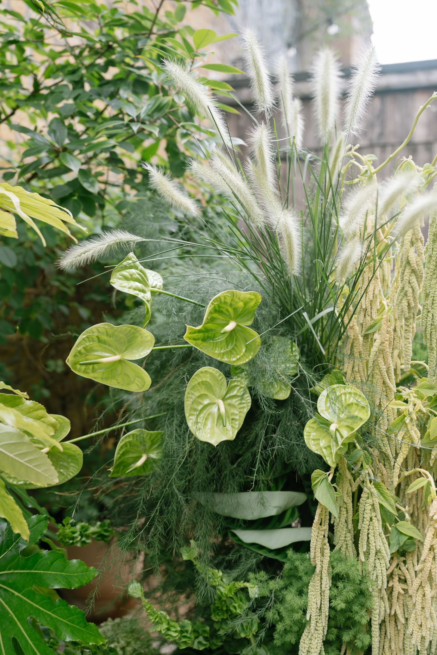 Decorative green foliage arrangement featuring delicate feathery plants and large tropical leaves.