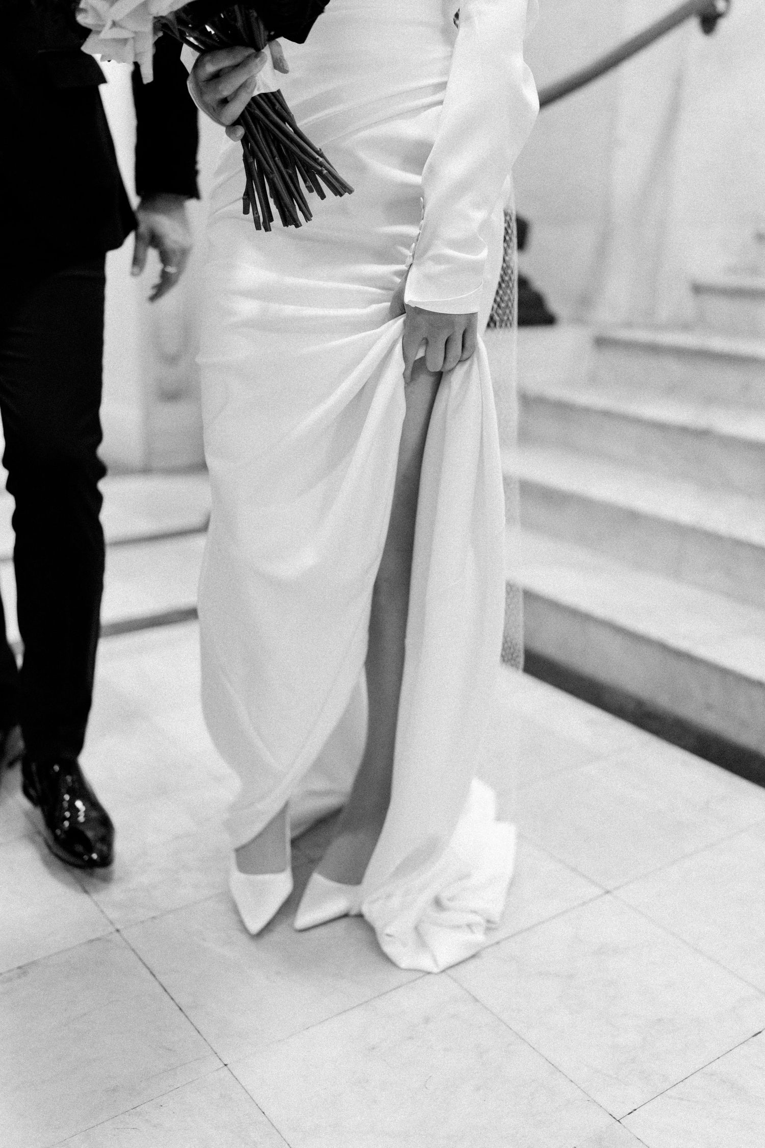 Black and white photos showing details of a wedding dress and formal attire.