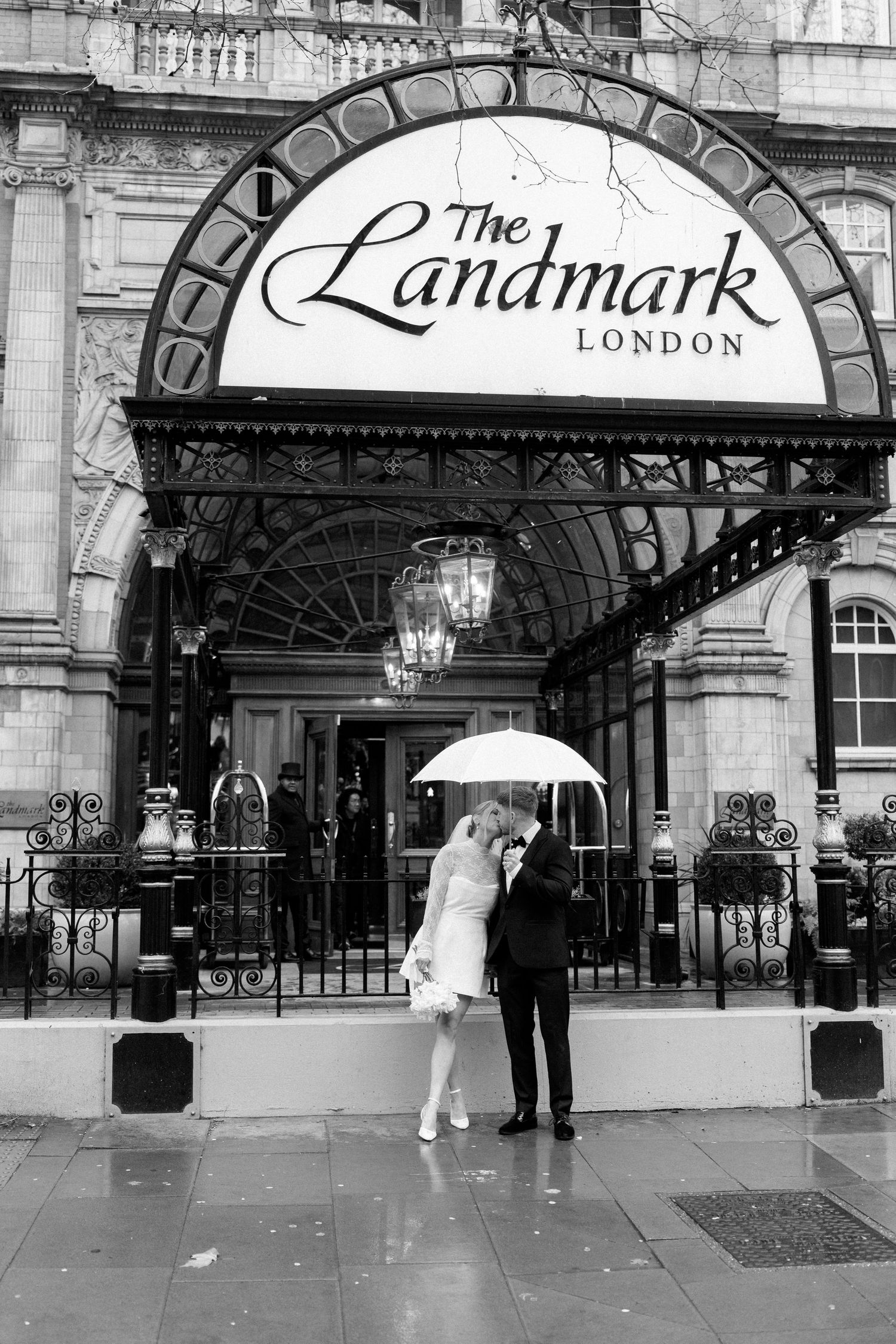 Black and white exterior shots of The Landmark London hotel entrance with awning.