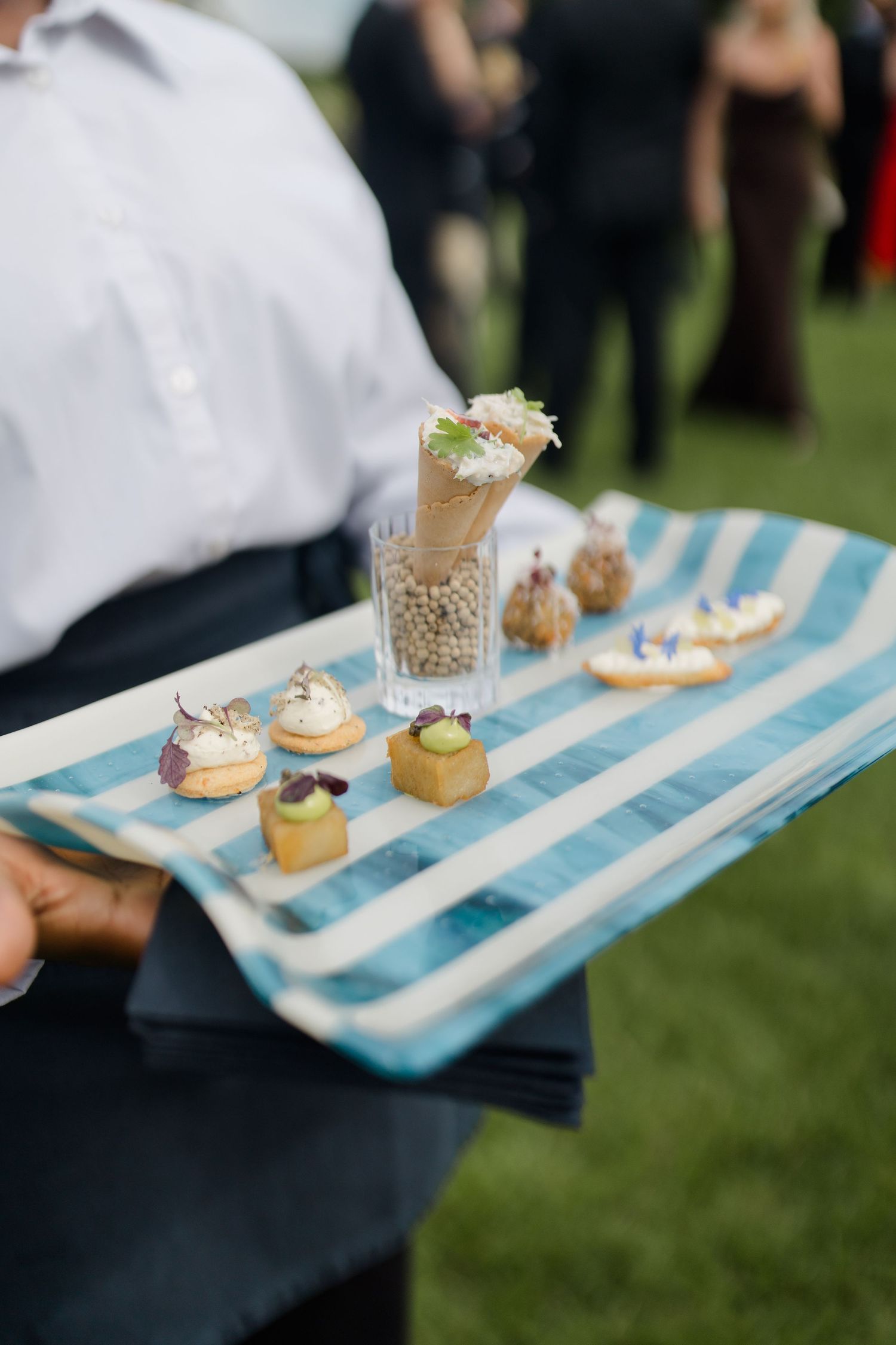 Waiter serving elegant assorted canapes and appetizers on a striped blue and white tray at a wedding.