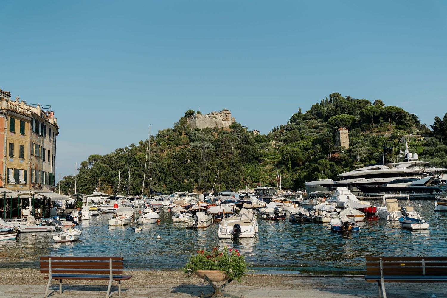 Portofino harbor with moored boats, lush green hillside, medieval castle ruins, and colorful buildings under clear blue sky.