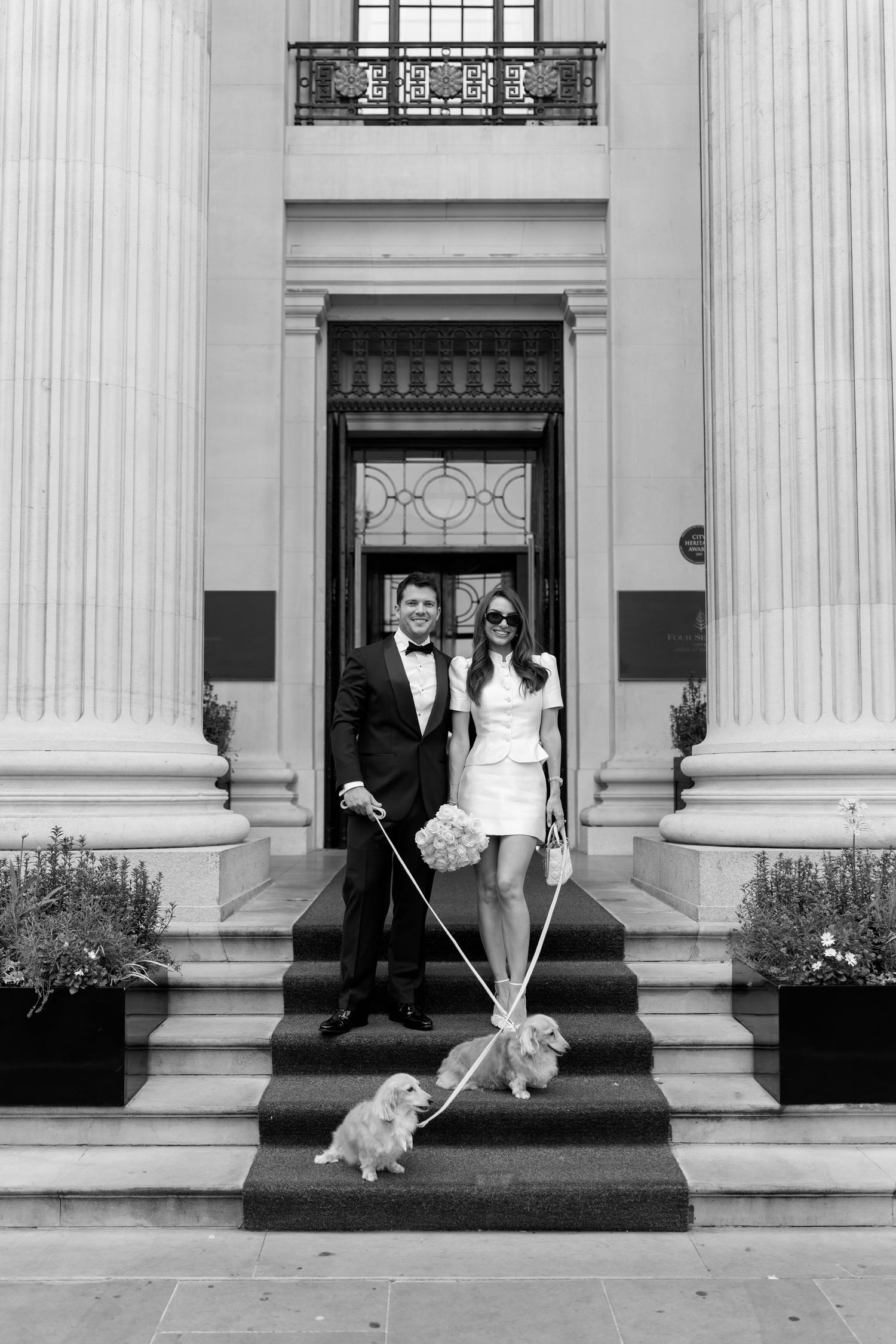 Newlyweds in wedding attire pose with two dogs on steps of grand building in black and white.
