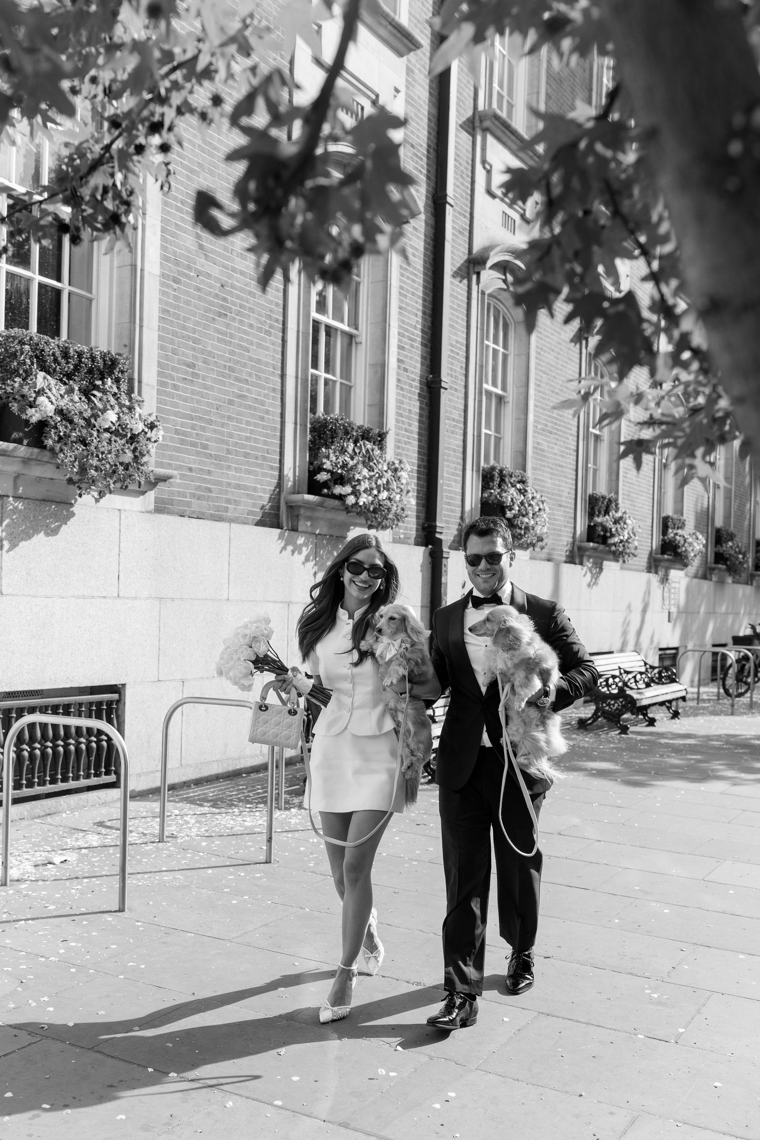 Bride and groom walking with dogs outside elegant brick building on wedding day.