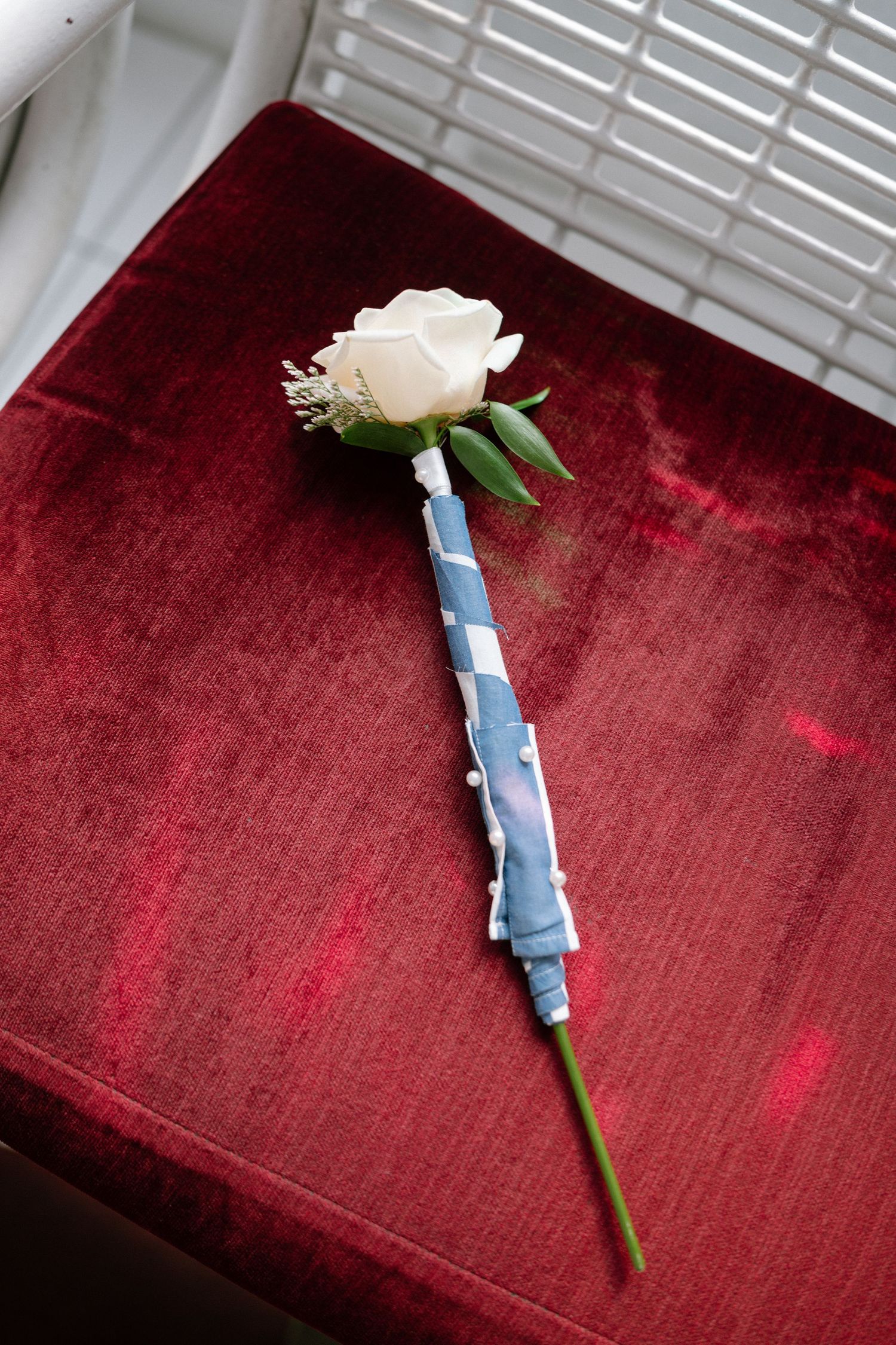 A single white rose with blue ribbon wrapped around the stem rests on red velvet fabric.