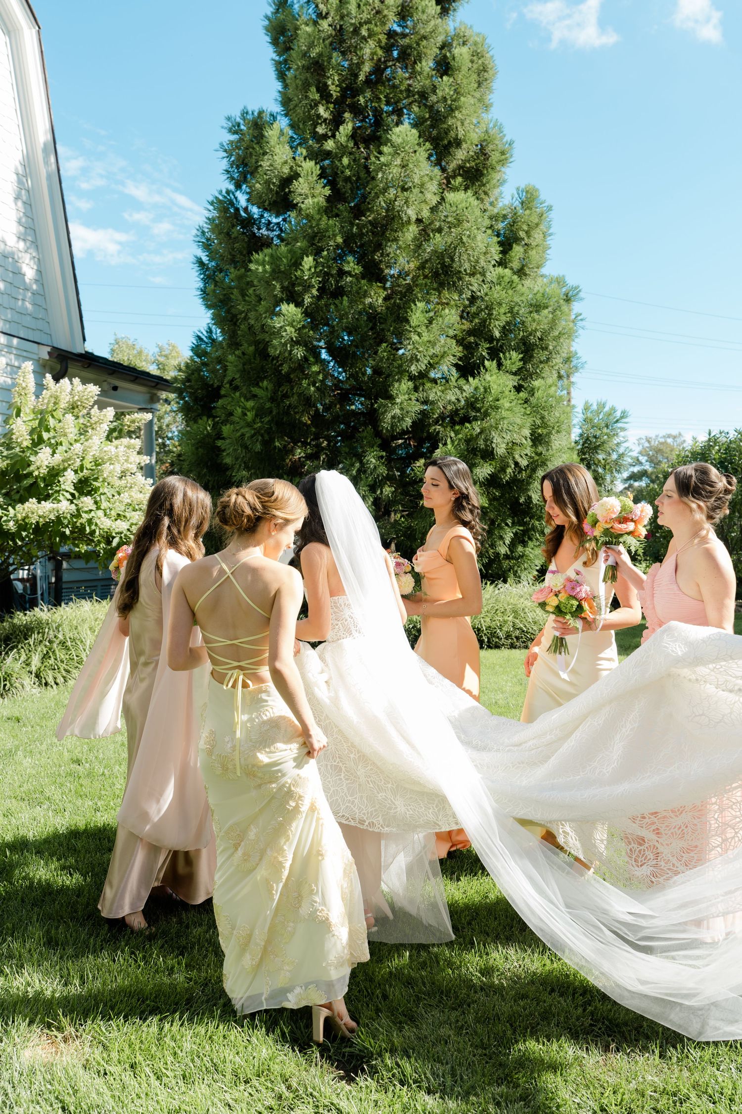 Bride in white lace gown and veil walks with bridesmaids in blush dresses on green lawn under blue sky.