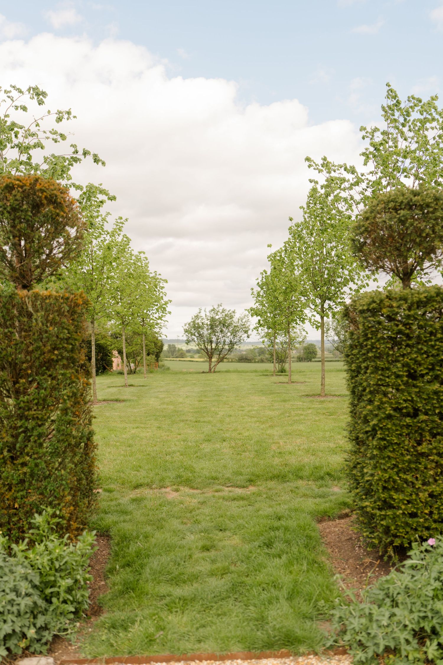 Formal English garden with manicured hedges framing a lush green lawn lined with young trees under a cloudy sky.