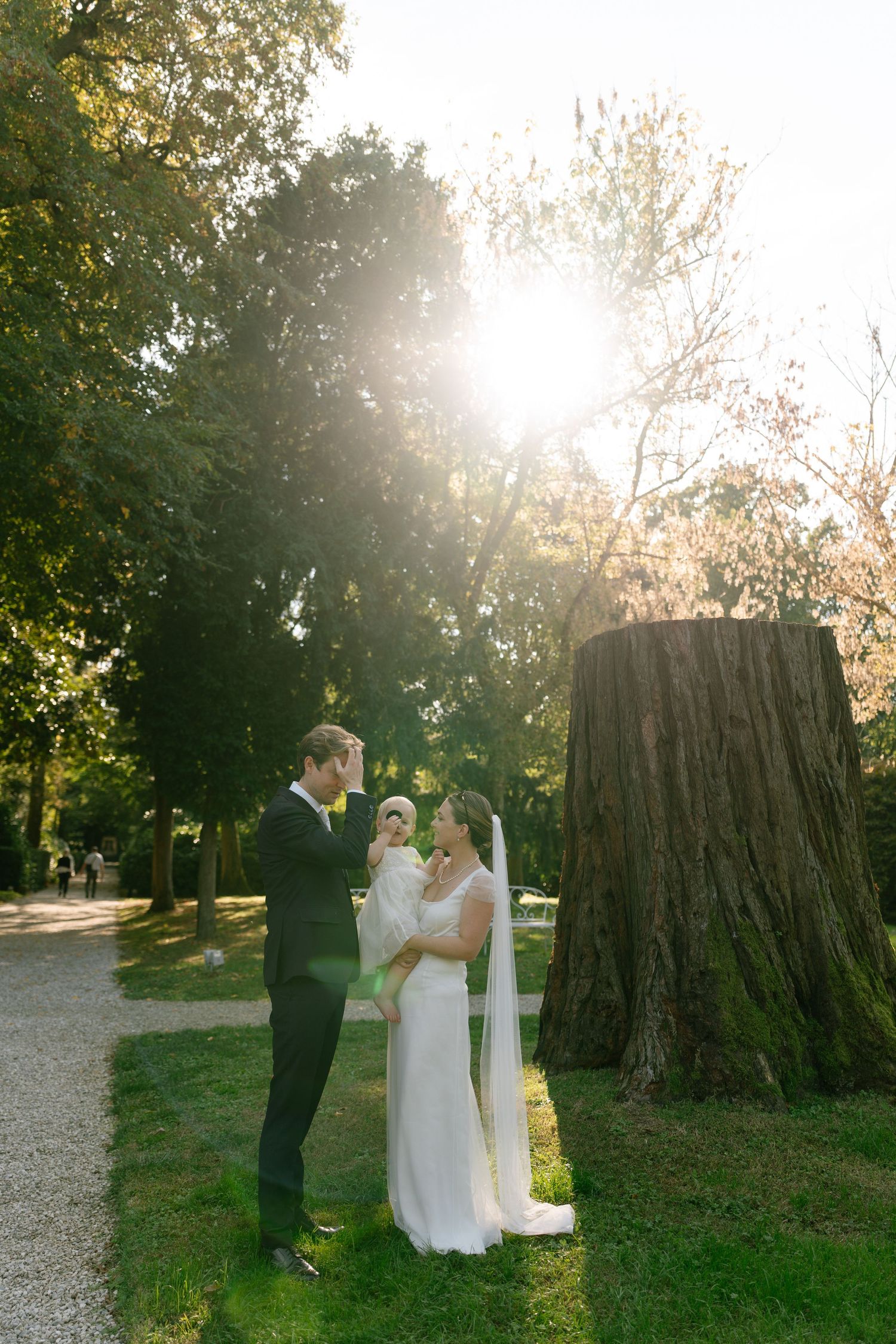 Wedding couple shares intimate moments by large tree trunks in evening light.