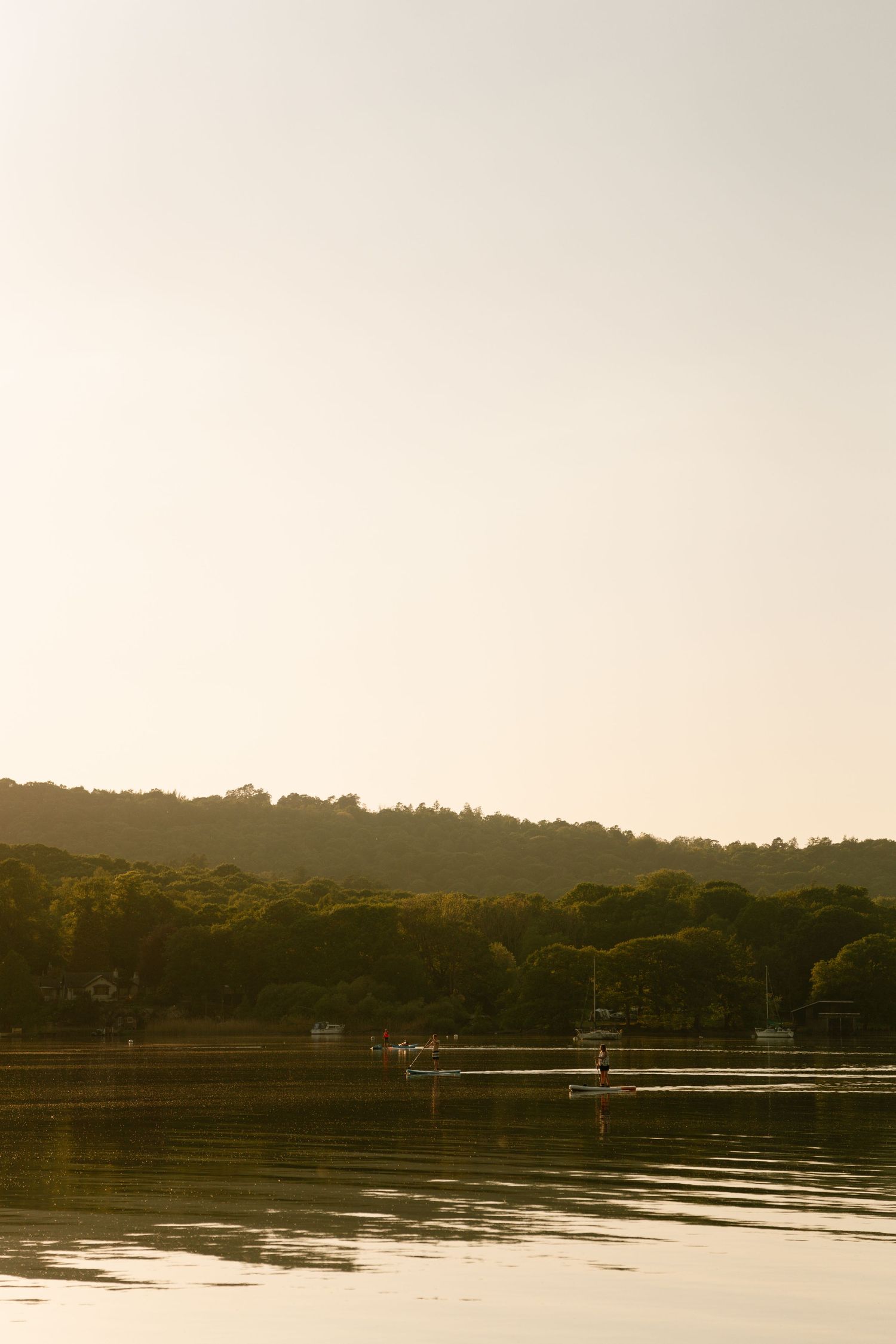 Tranquil lake landscape at sunset with tree-lined shore in warm golden light.