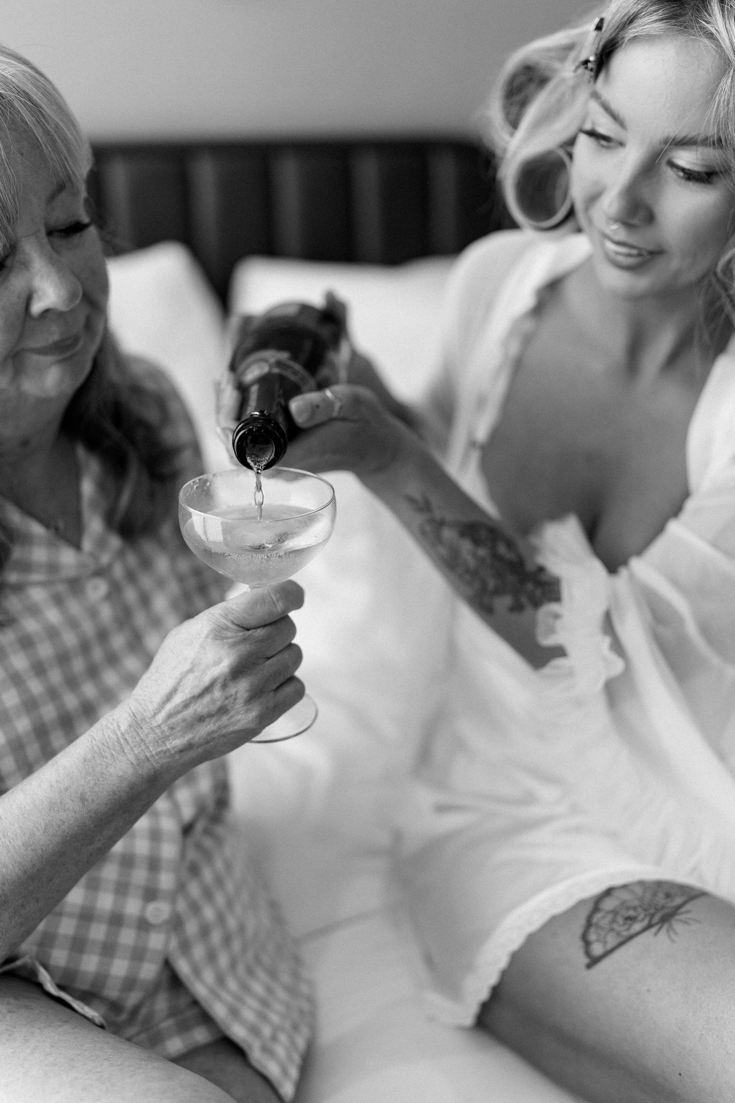 Candid moments of bridesmaids in gingham and white dresses during pre-wedding celebrations.