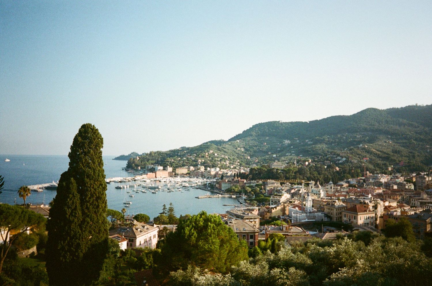 Panoramic view of a picturesque Italian coastal town with lush hills, colorful buildings, and a harbor.