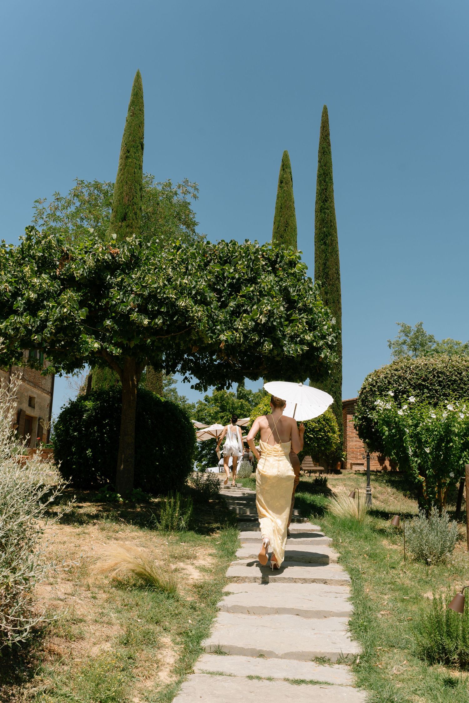 Person walking on garden path with parasol among cypress trees on sunny day.
