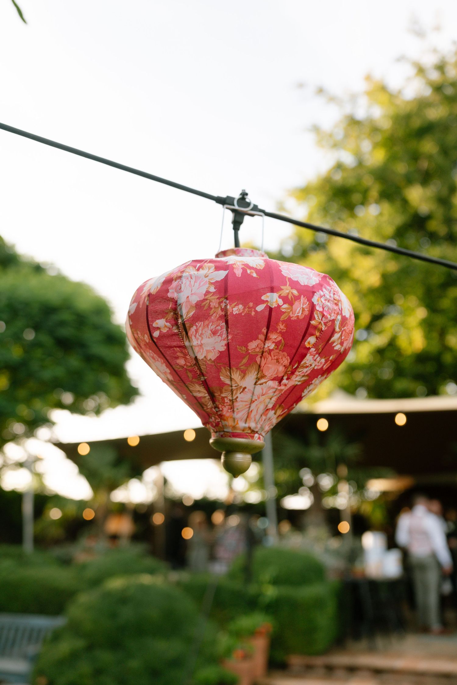 Pink paper lanterns hang from strings at an outdoor garden party with twinkling lights at dusk.