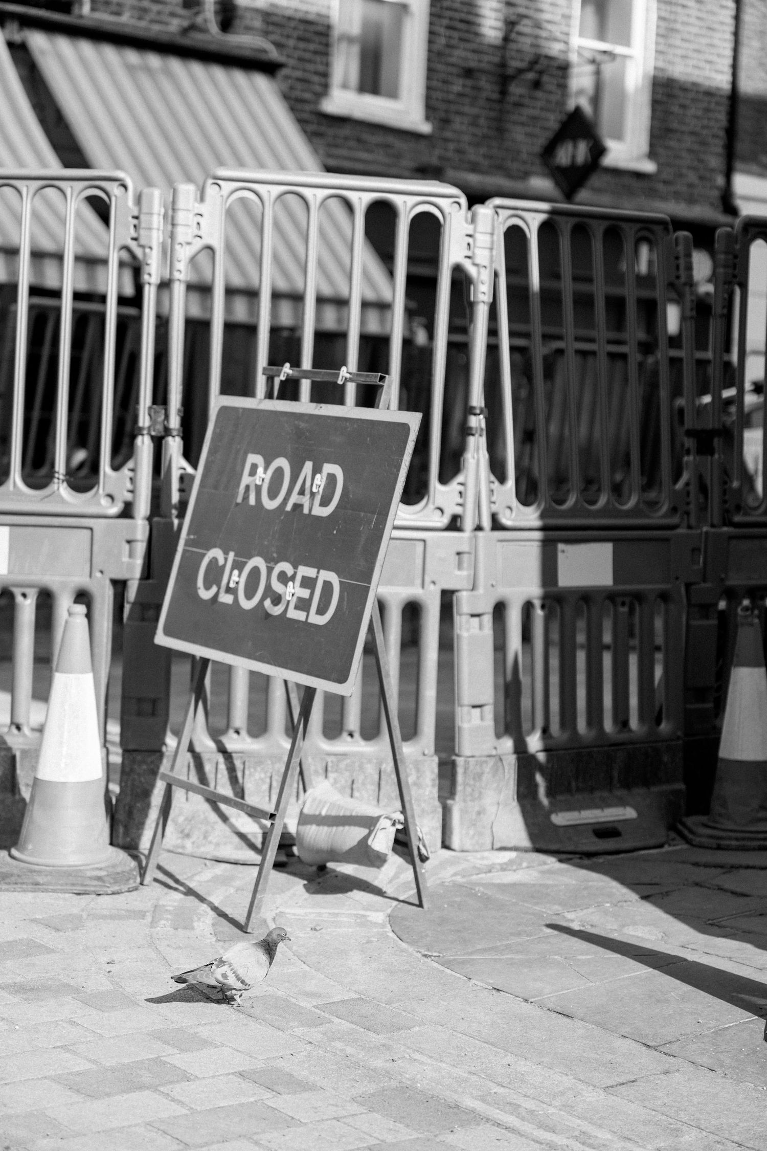 Black and white image of 'Road Closed' signs on a cobblestone street.