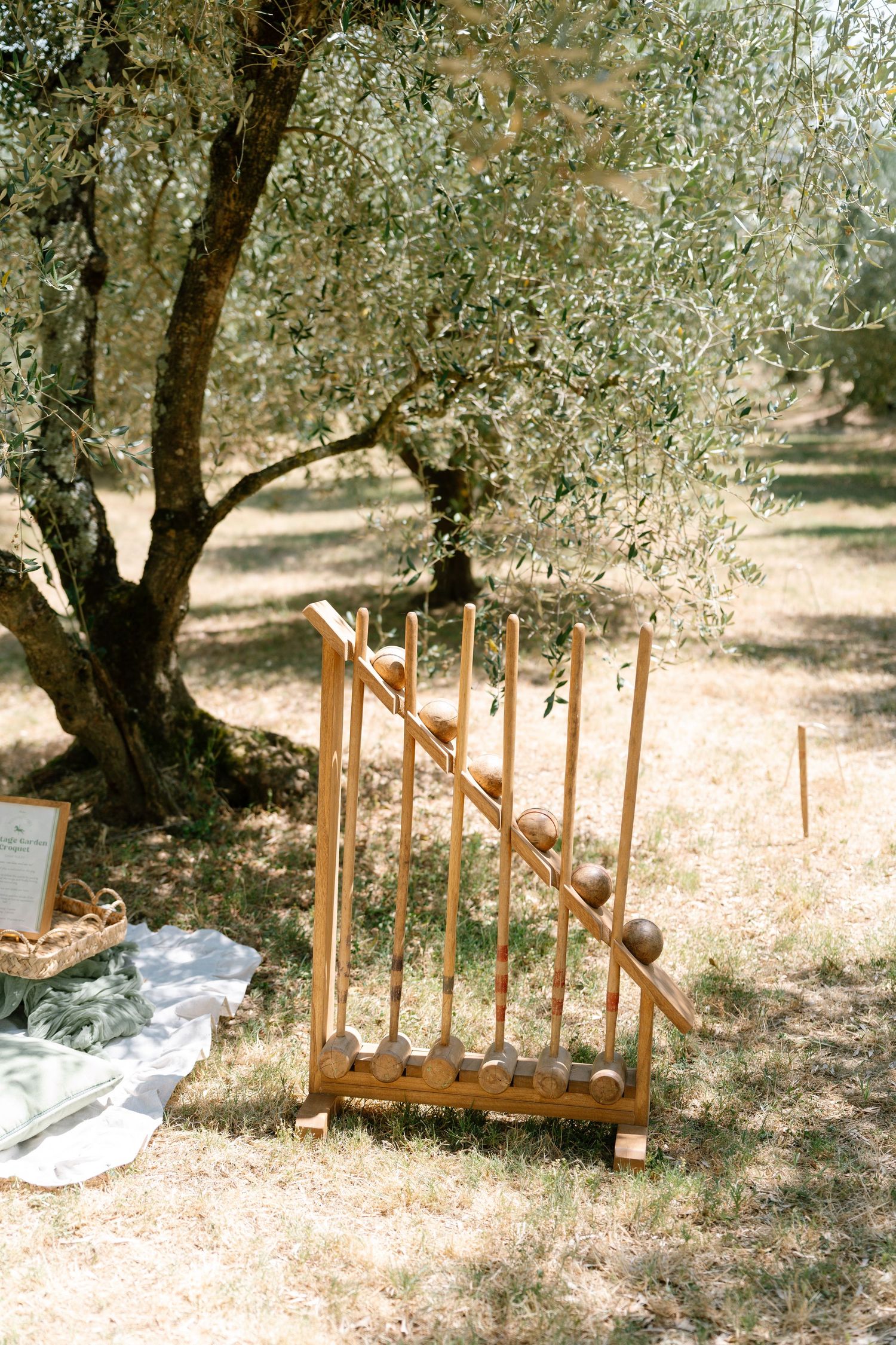 Wooden croquet course setup under olive trees in a rustic outdoor setting.