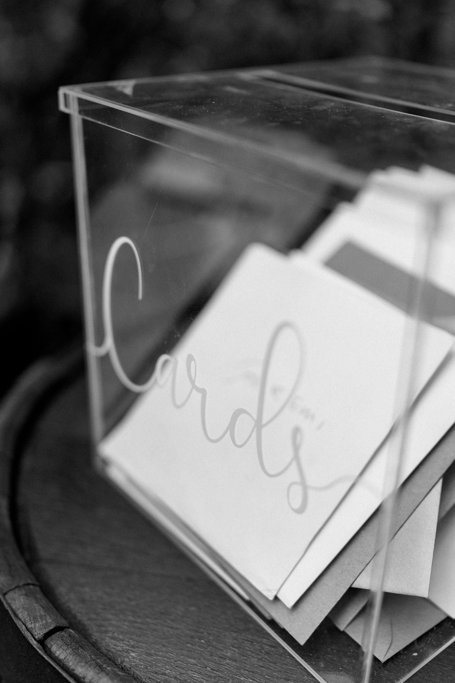 Black and white detail shot of place cards arranged in an acrylic holder.
