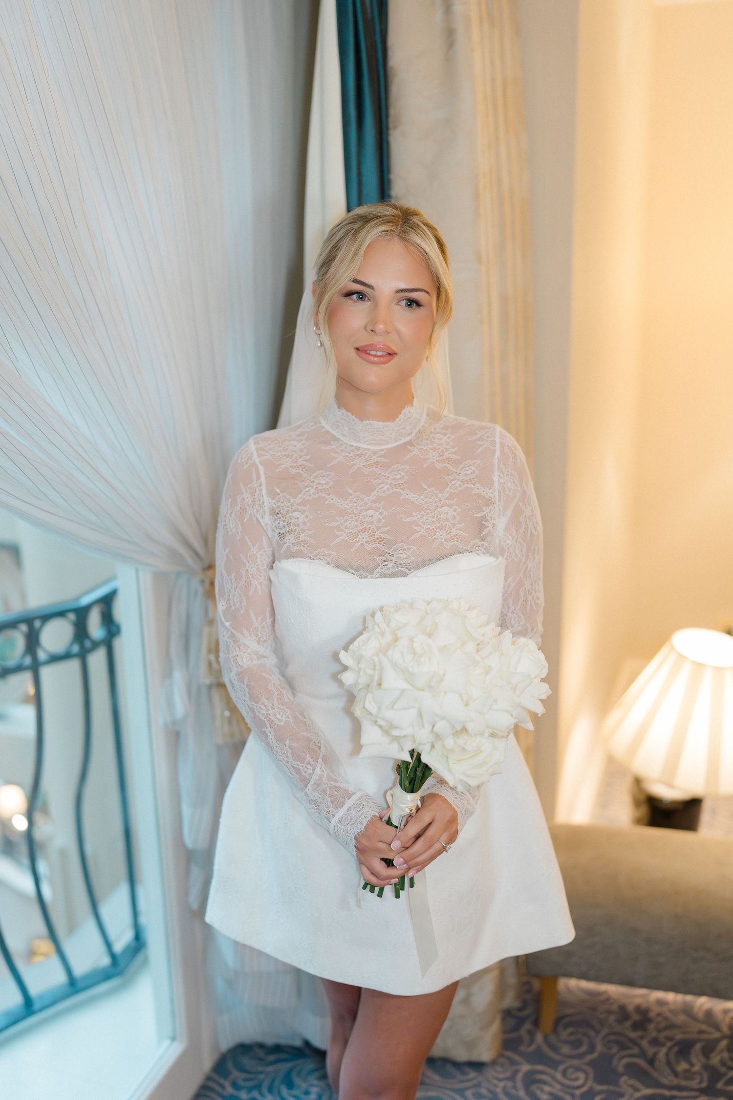 Sequence of bridal portraits showing white dress and bouquet in soft interior lighting.