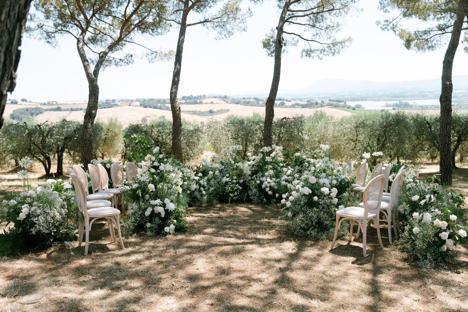 Panoramic view of an outdoor wedding venue with pine trees and white floral arrangements.