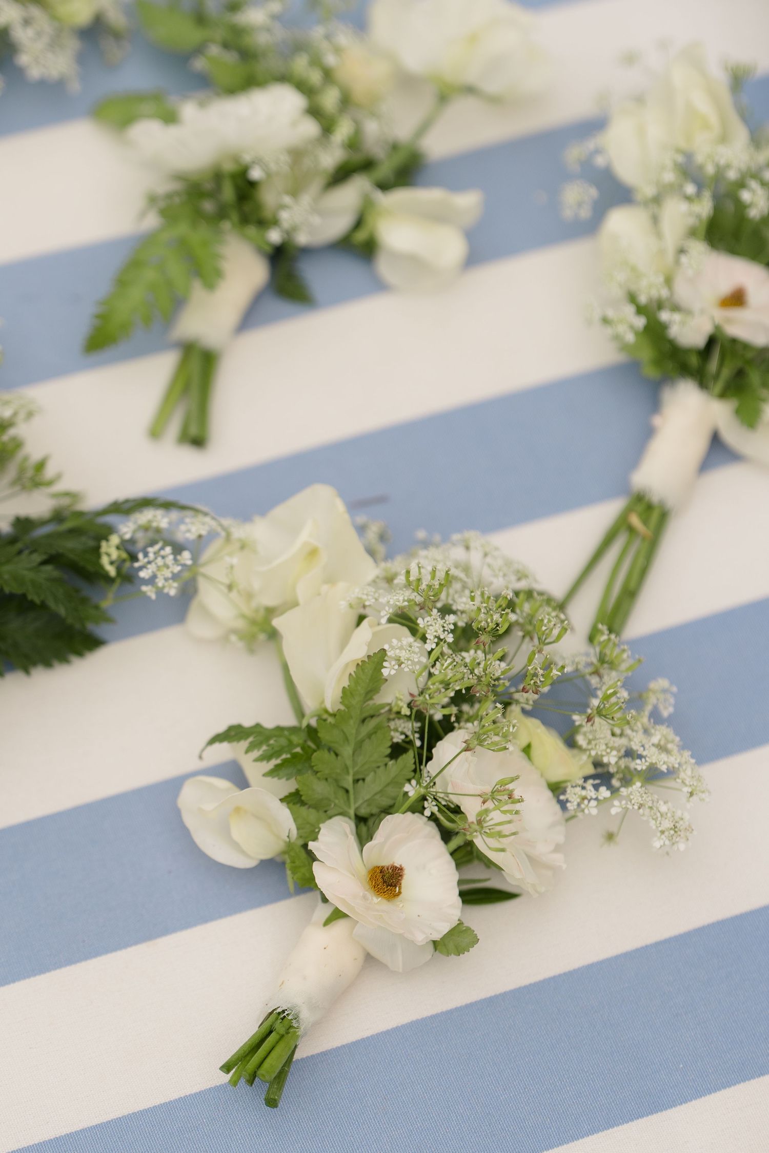 White floral boutonnieres with ferns and baby's breath arranged on a blue and white striped surface.