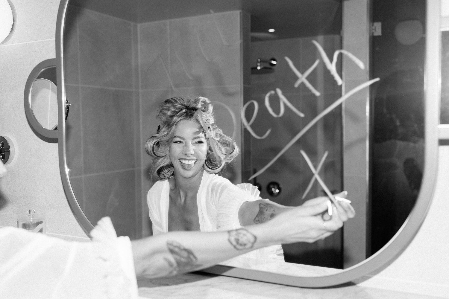 Black and white sequence showing playful interactions through circular window frames.