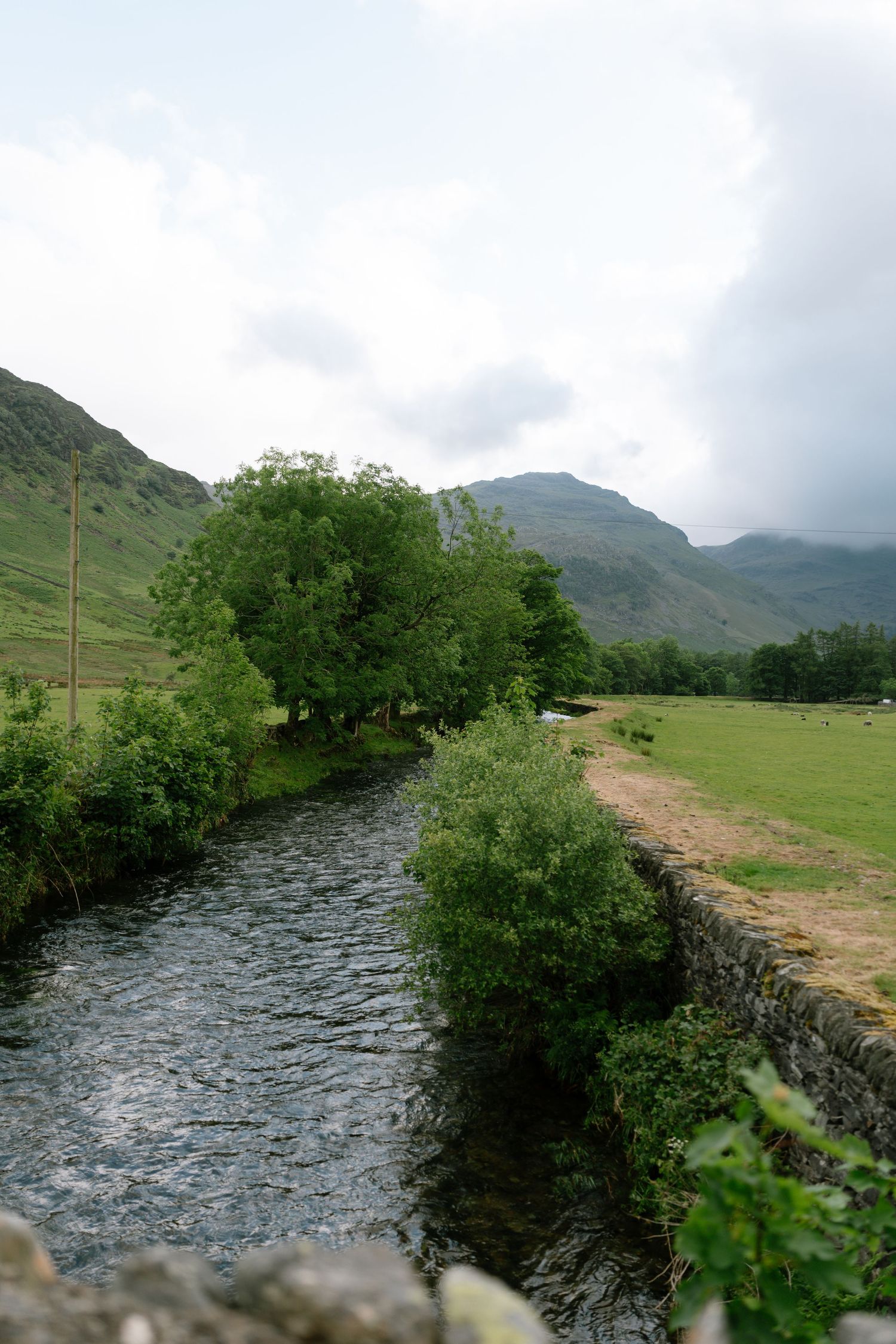 Scenic mountain landscape with a flowing river and green vegetation under cloudy skies.