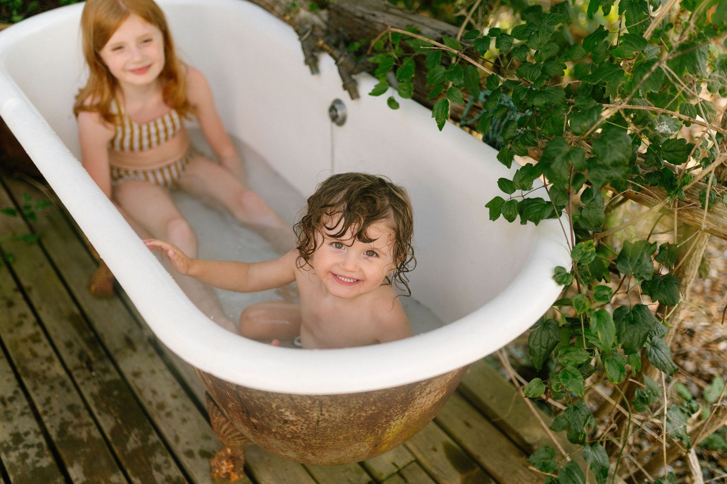 A bathtub scene with green foliage visible through windows in the background.
