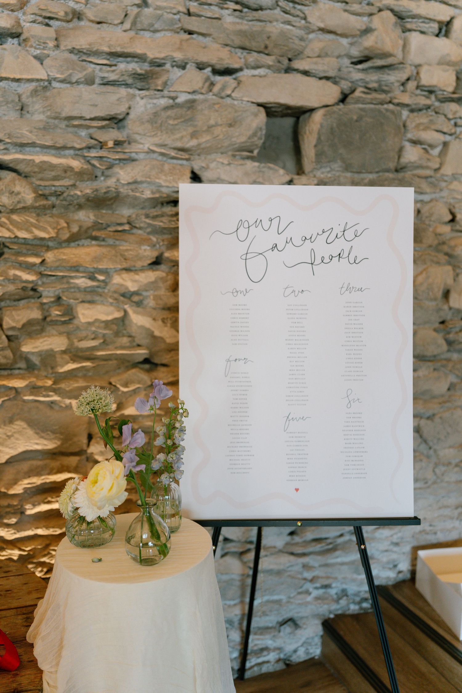 Wedding seating chart displayed on easel against stone wall with floral decorations.