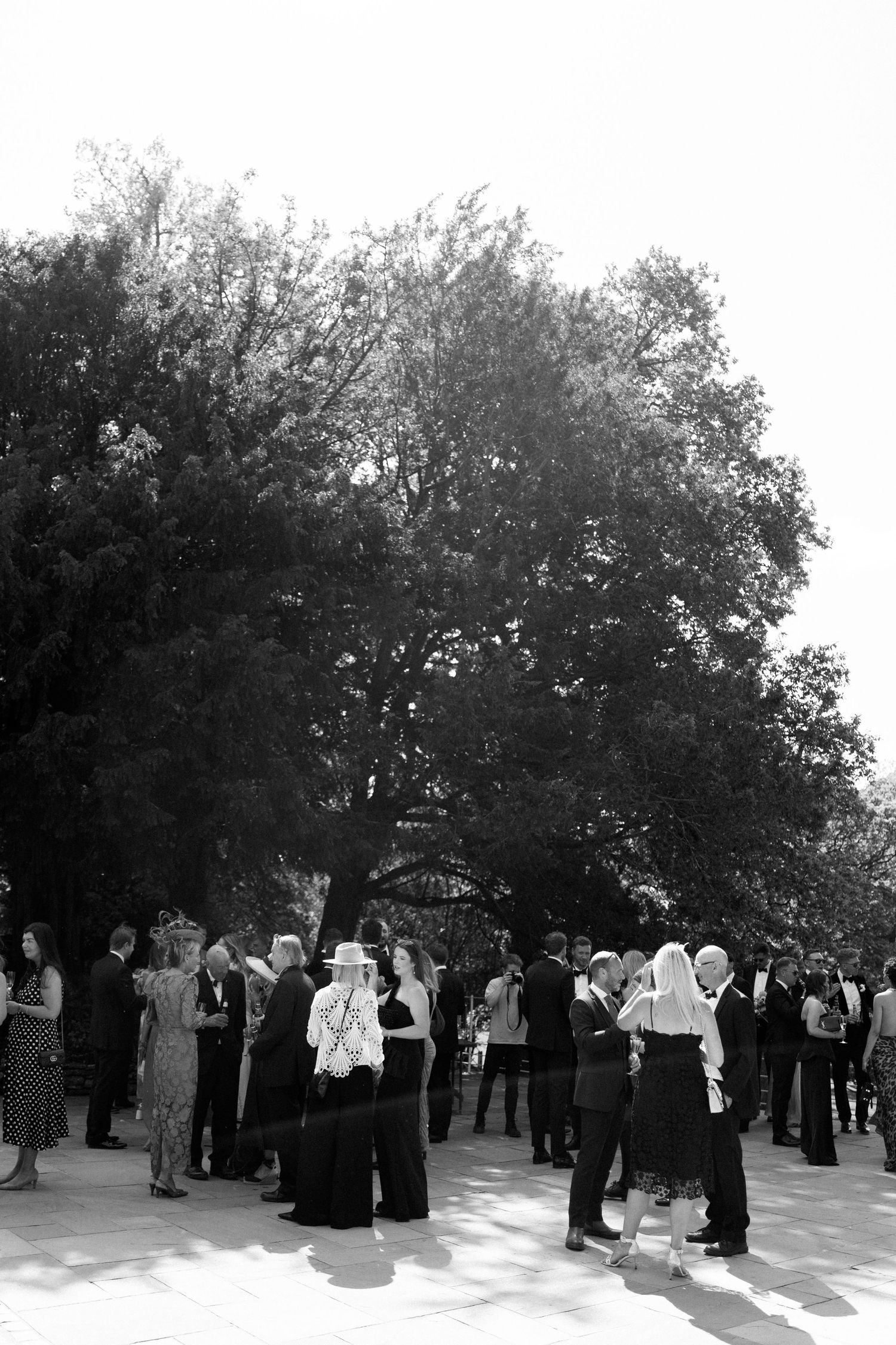 Wedding guests gather under trees at an outdoor reception venue in black and white photography.
