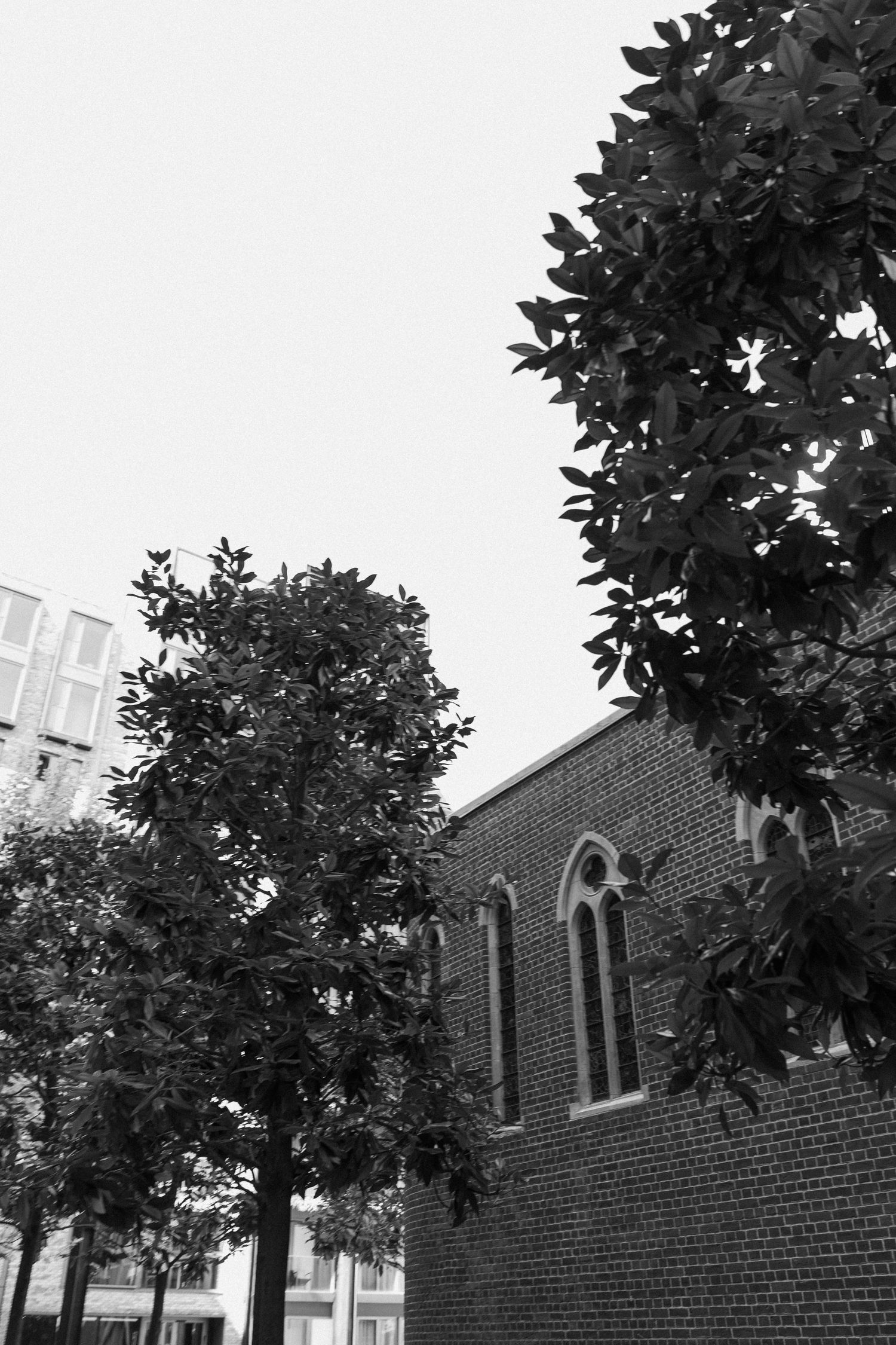 Black and white photo of trees framing a historic brick church with Gothic arched windows against a grey sky.