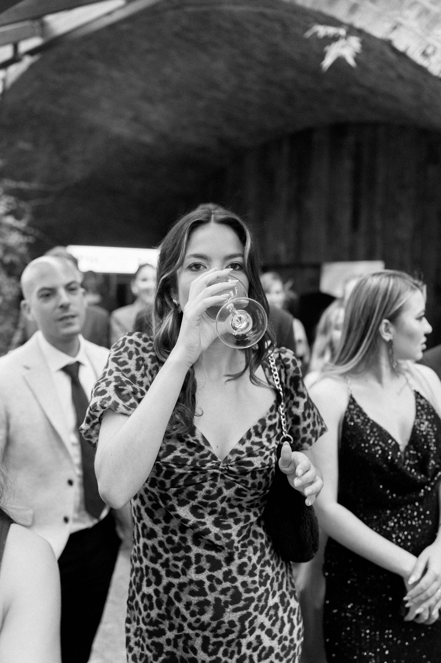 Party guests in formal attire dancing and celebrating at an event.