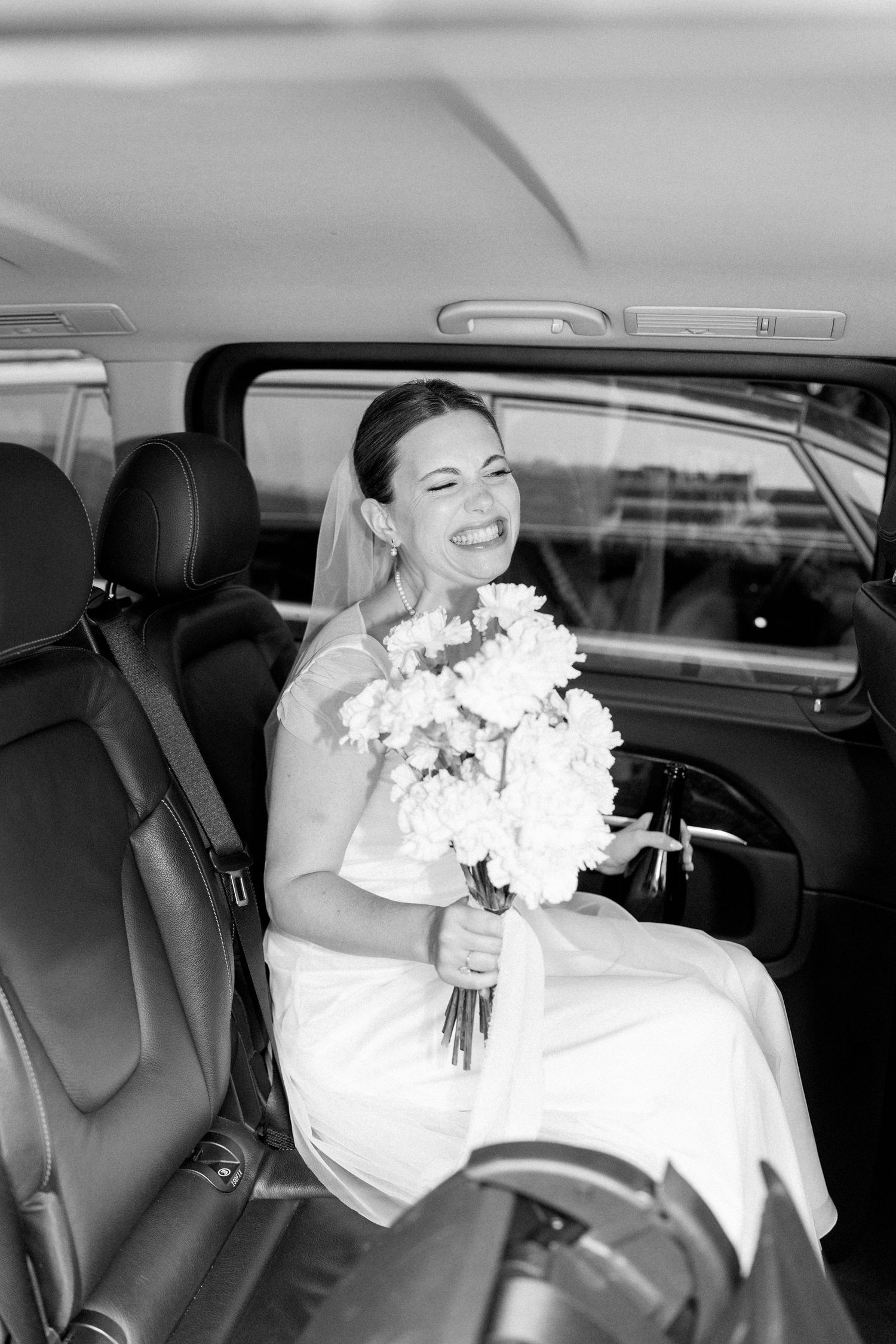 A series of candid moments showing a person in a white dress holding a bouquet in a car backseat.