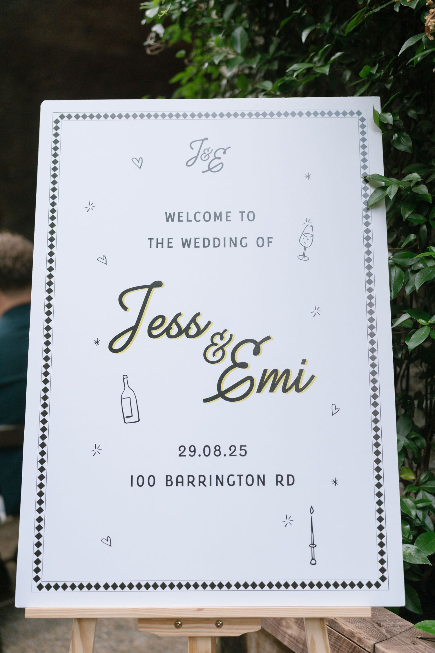 Wedding welcome sign for Tess and Emu displaying event details and location.