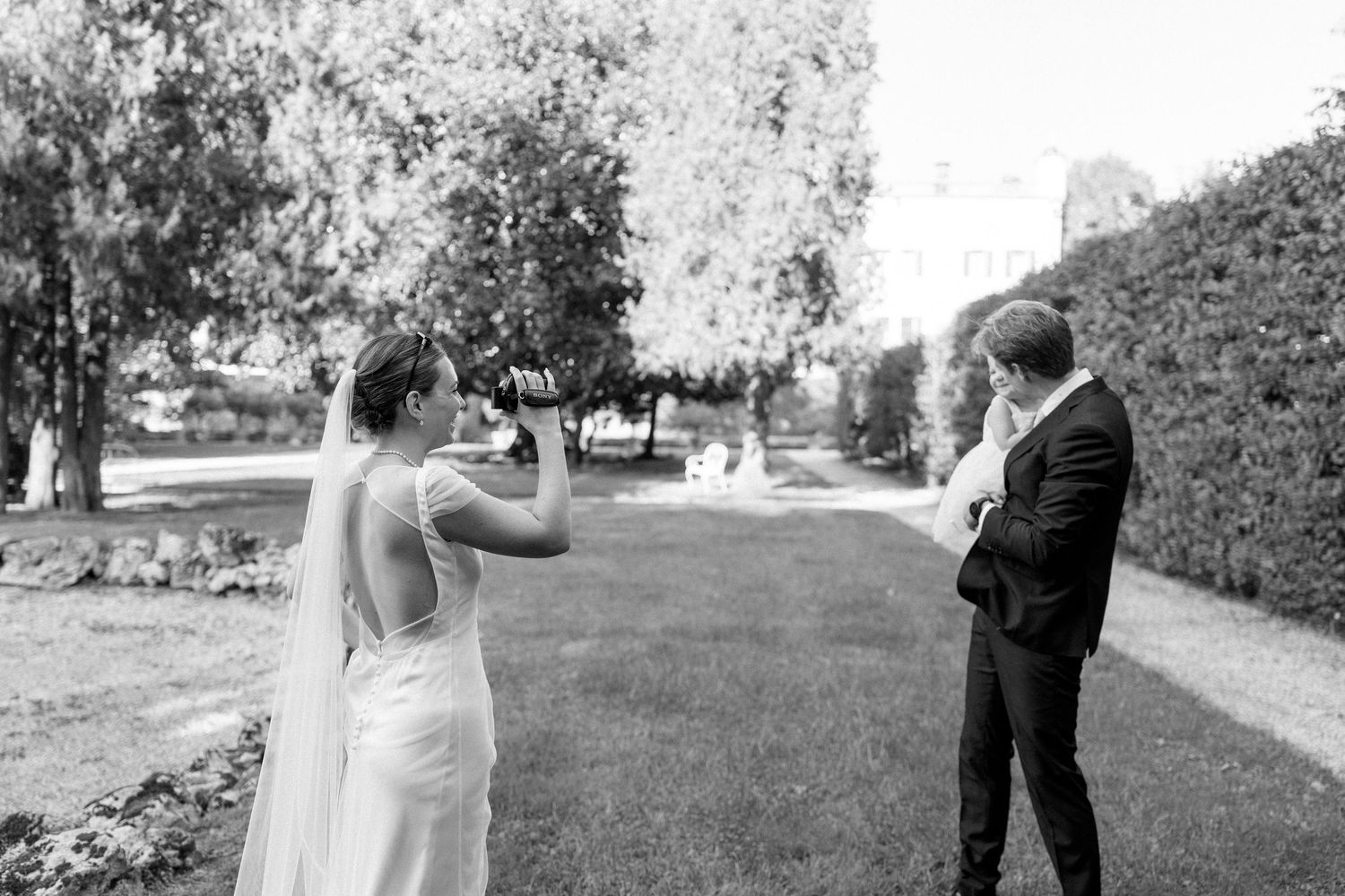 Black and white sequence of a romantic garden photoshoot.