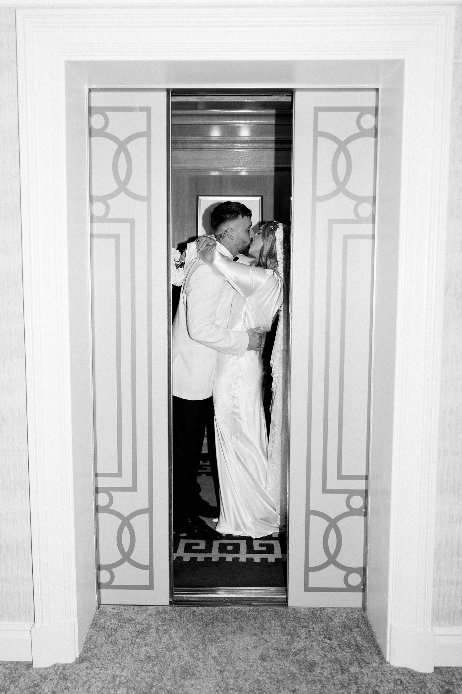 Sequence showing couple in wedding attire through decorative doorways.