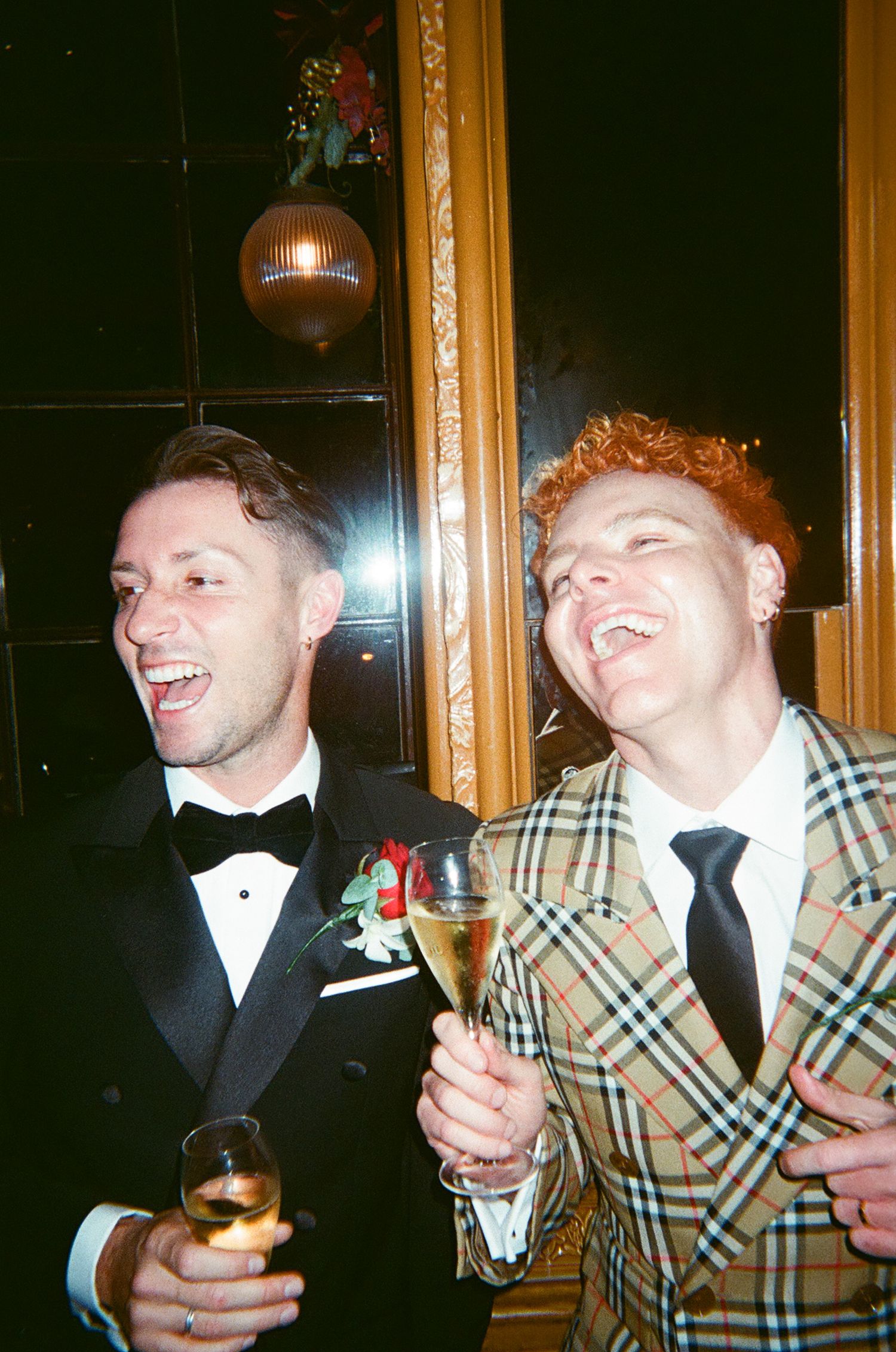 A sequence of candid photos showing people laughing and holding drinks in a dimly lit room with wood paneled walls.