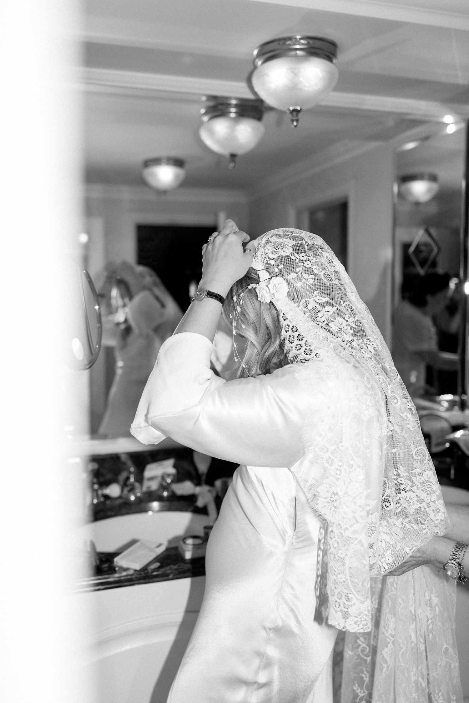 A sequence of wedding preparation moments showing a bride getting ready in an elegant indoor setting.