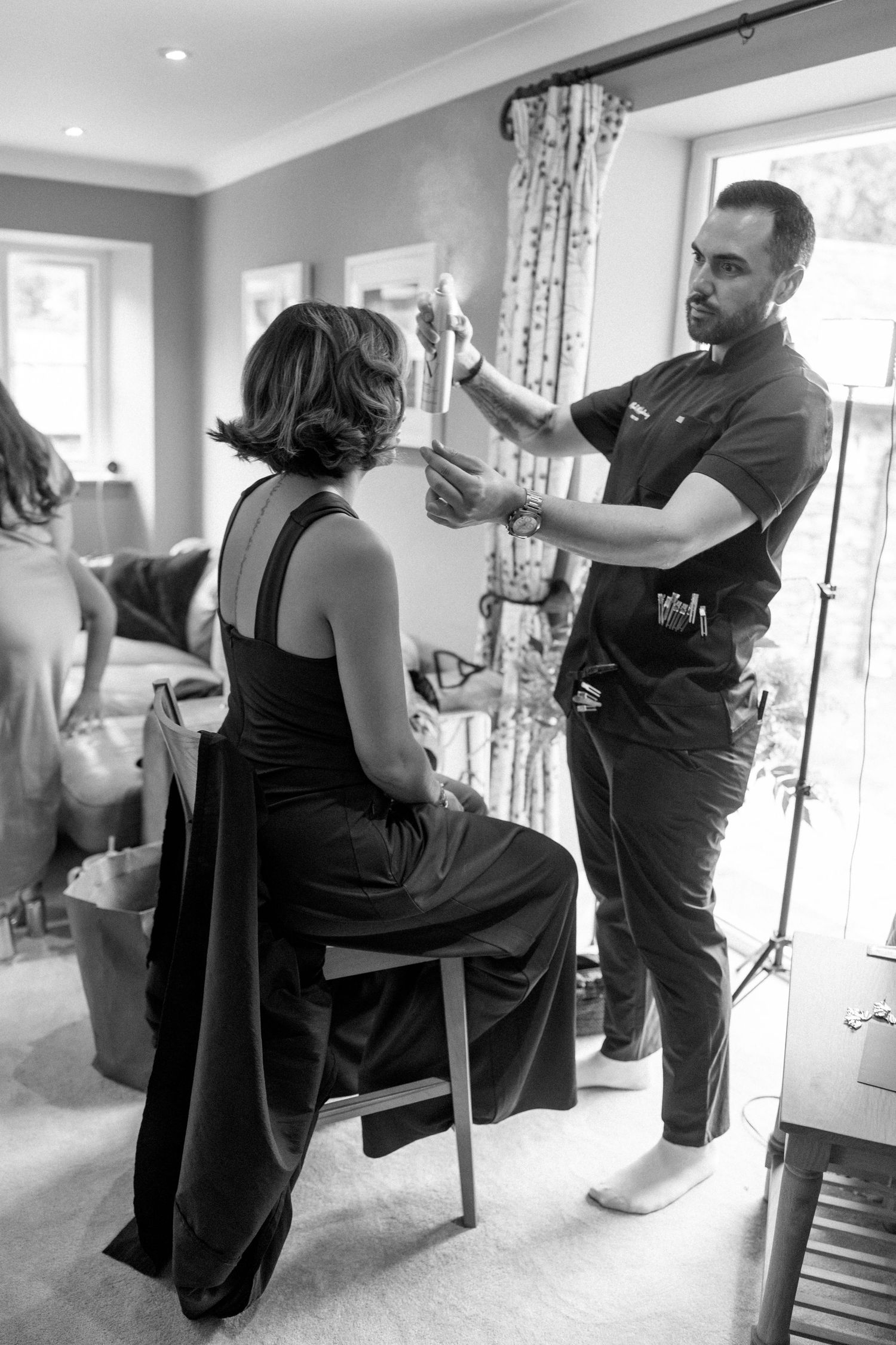 Behind-the-scenes photos of a professional photography session in a bright indoor setting.