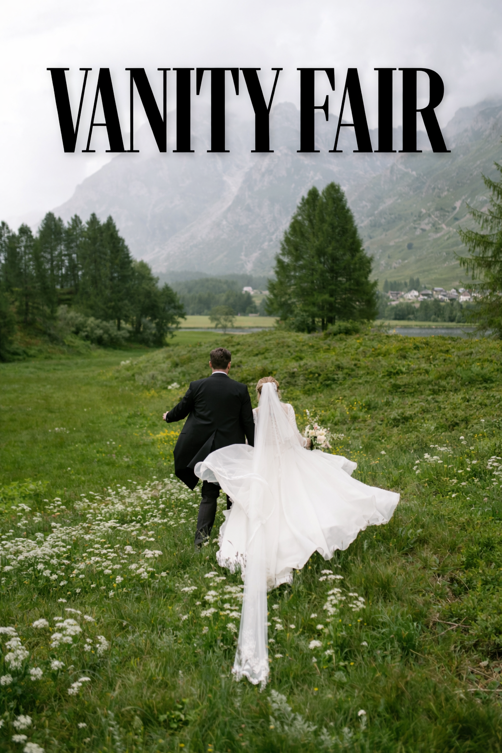 A wedding couple walks through a wildflower meadow in the mountains, with Vanity Fair magazine logo at the top.