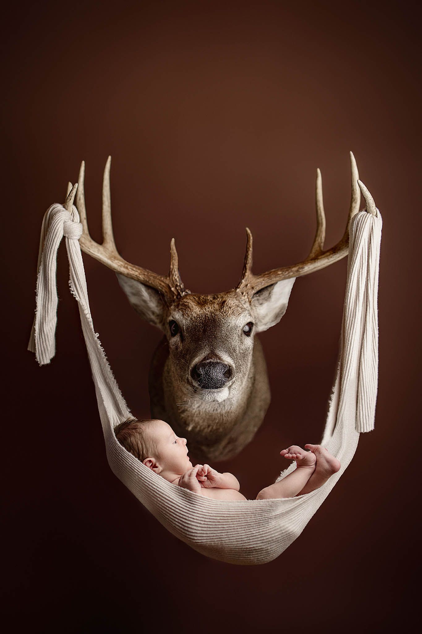 Unique newborn portrait with mounted deer head above baby sleeping in white fabric hammock.