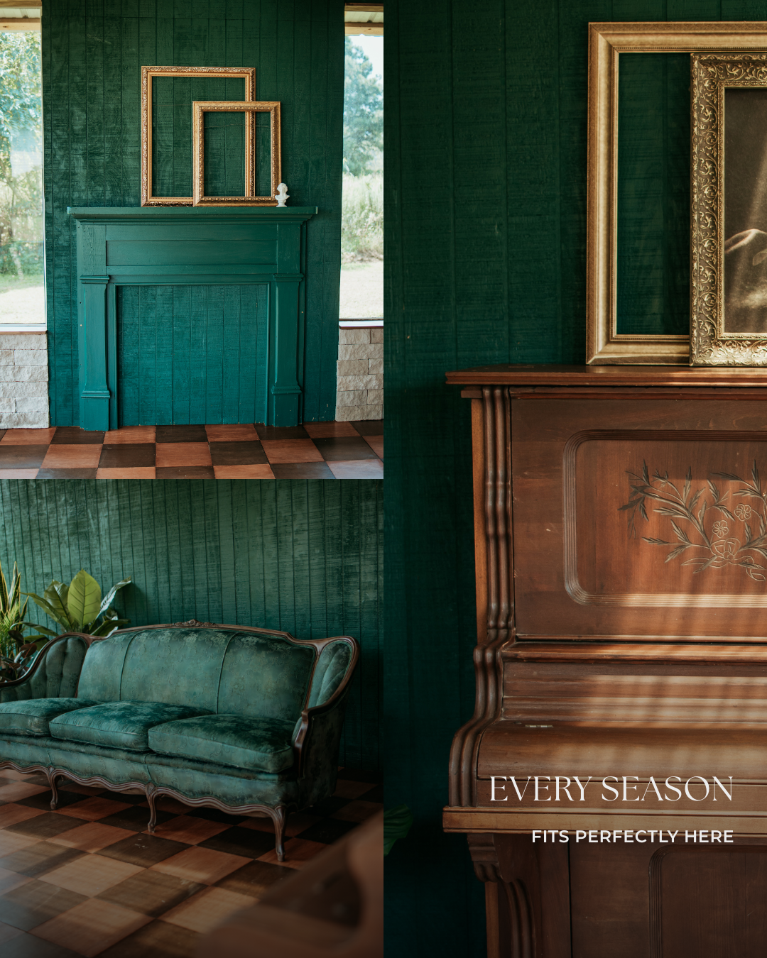 An empty sun-lit green room with vintage furniture and wooden floors casting dramatic shadows through tall windows.