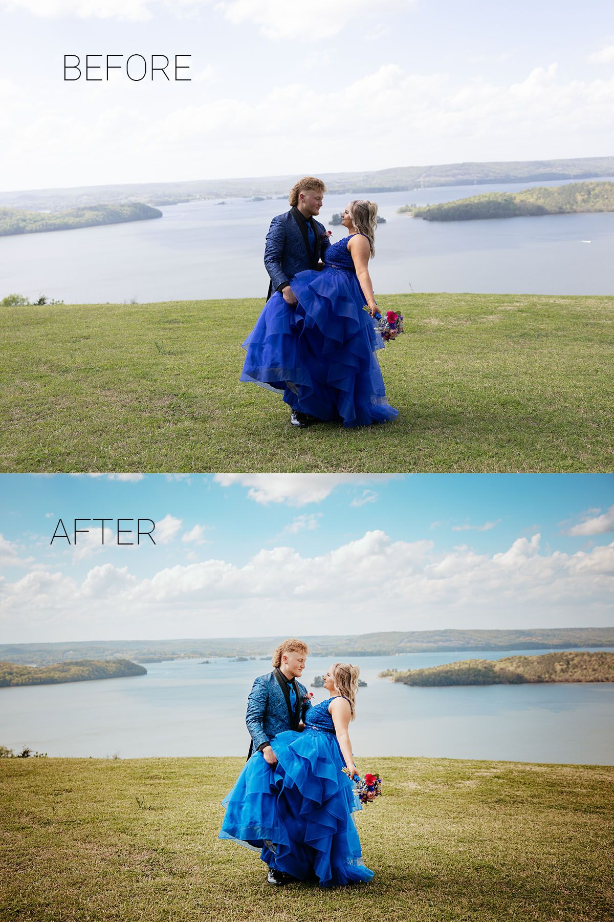Before and after landscape photos showing color correction of a coastal scene with blue dress.