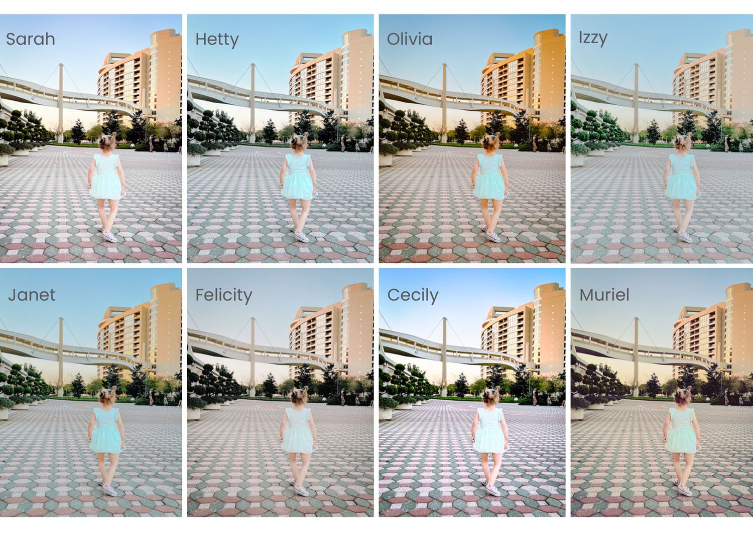 Series of fashion photography poses arranged in a grid layout with multiple models.