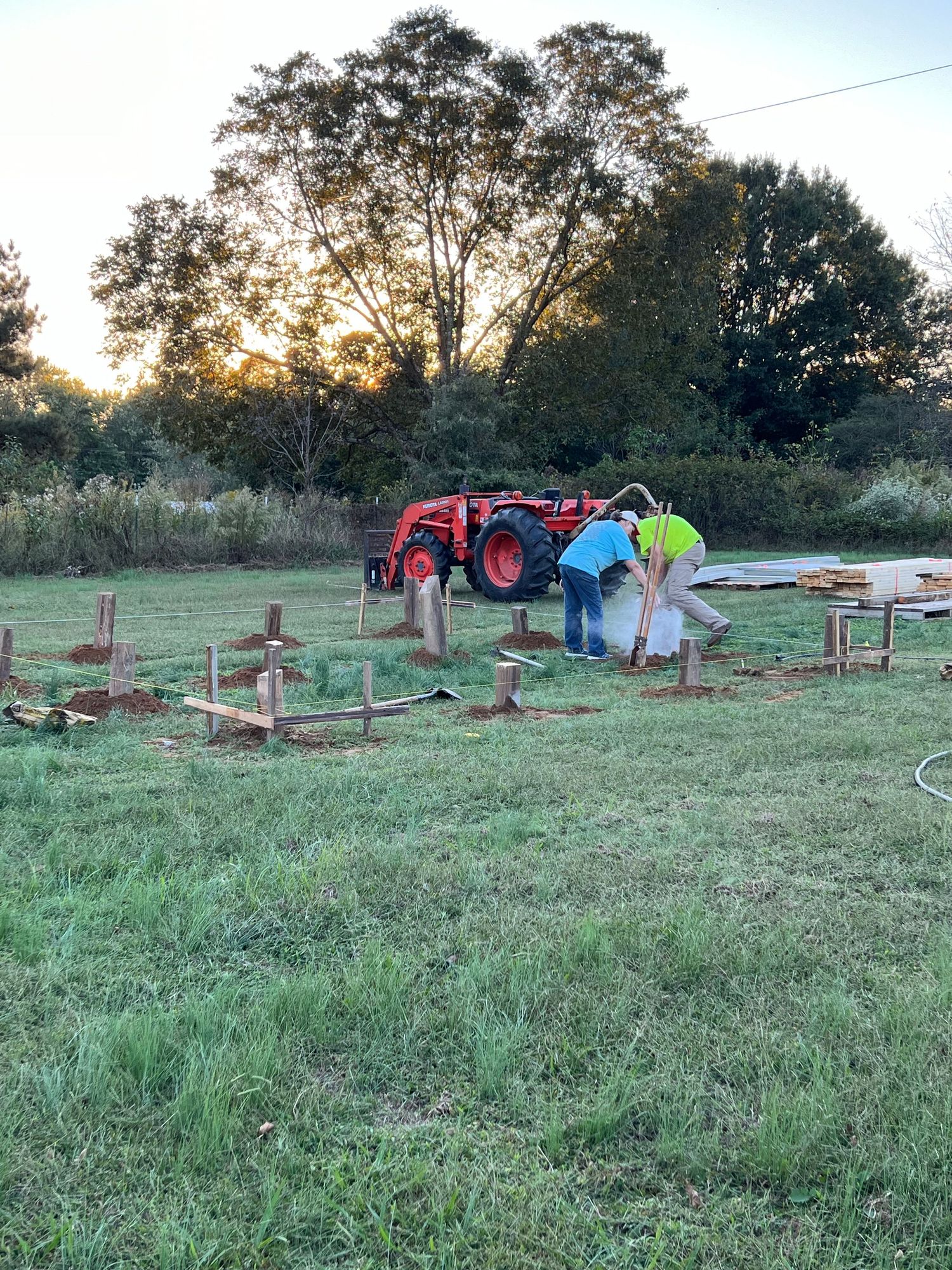 Multiple wooden garden beds are set up in a grassy field at dusk with a red tractor visible in the background.