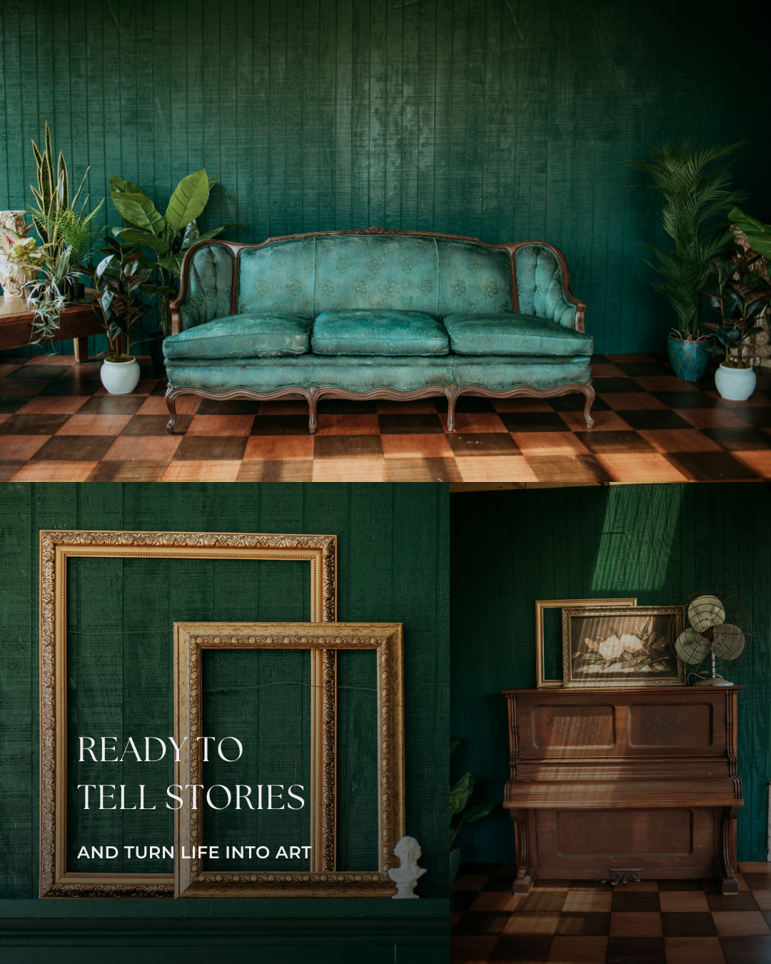 A sequence of vintage gold frames mounted on dark green walls with a teal sofa and potted plants in a moody interior.
