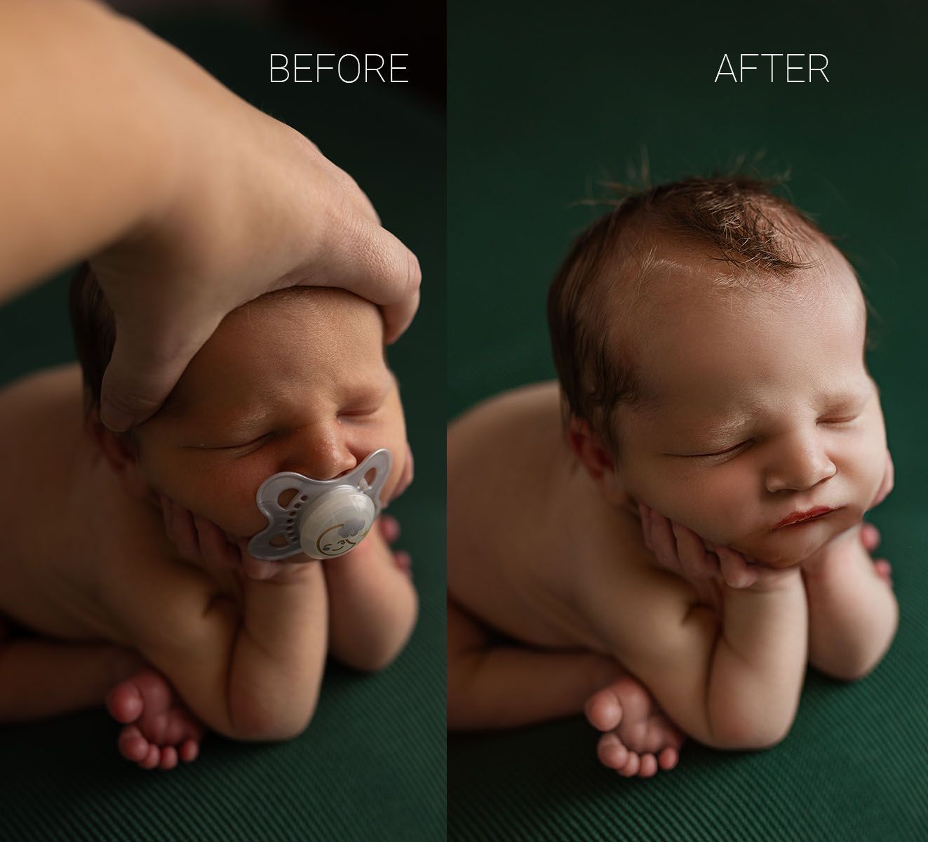 Before and after newborn photography showing editing process on dark background.