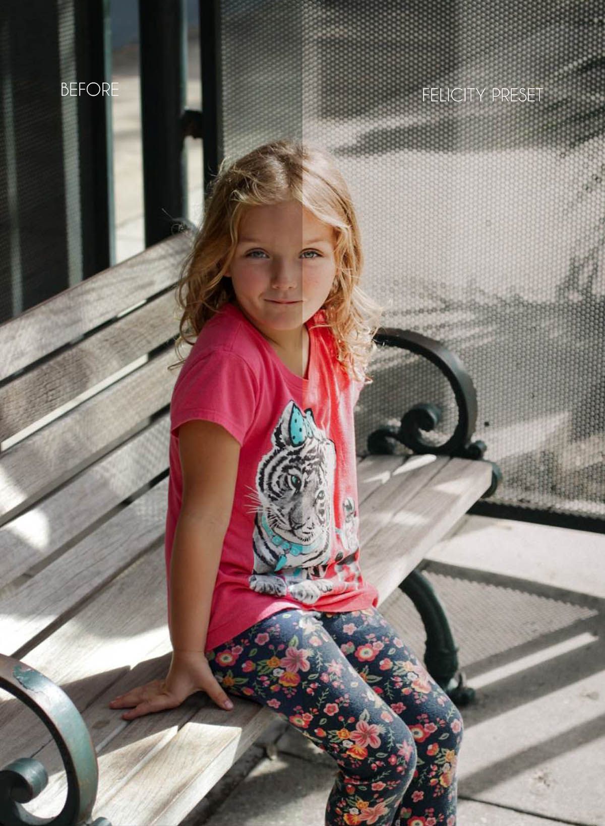 Before and after photo editing comparison showing sunlit porch portrait.