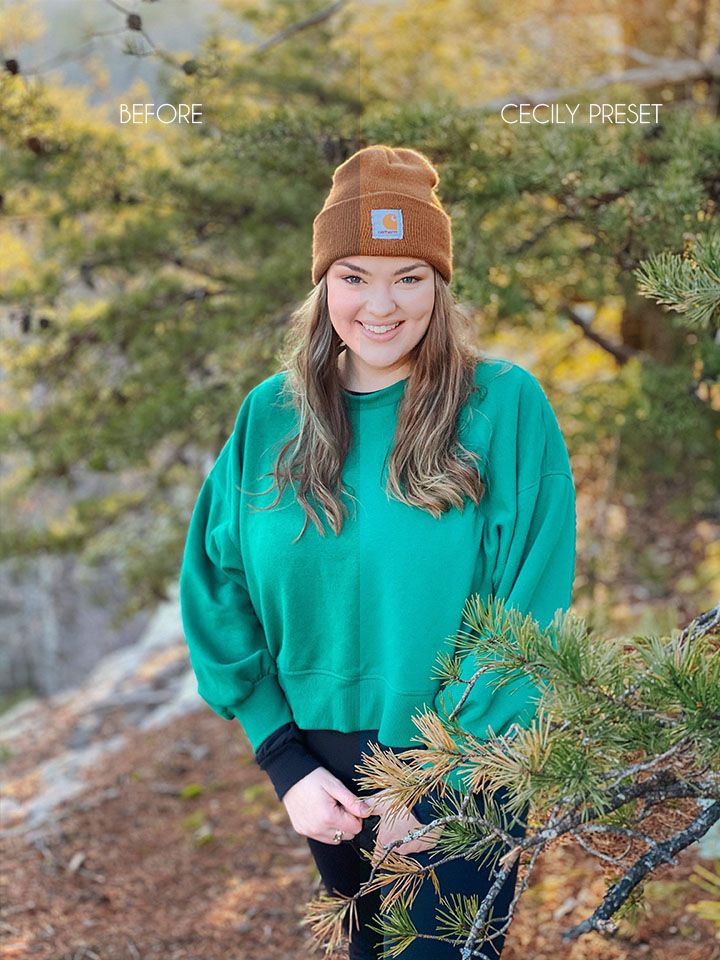 Before and after photo editing comparison showing autumn outdoor portrait.