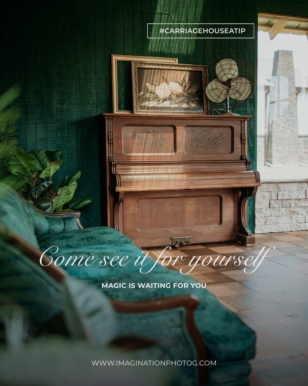 An upright wooden piano sits against a light-colored wall with green foliage decor creating an elegant ambiance.
