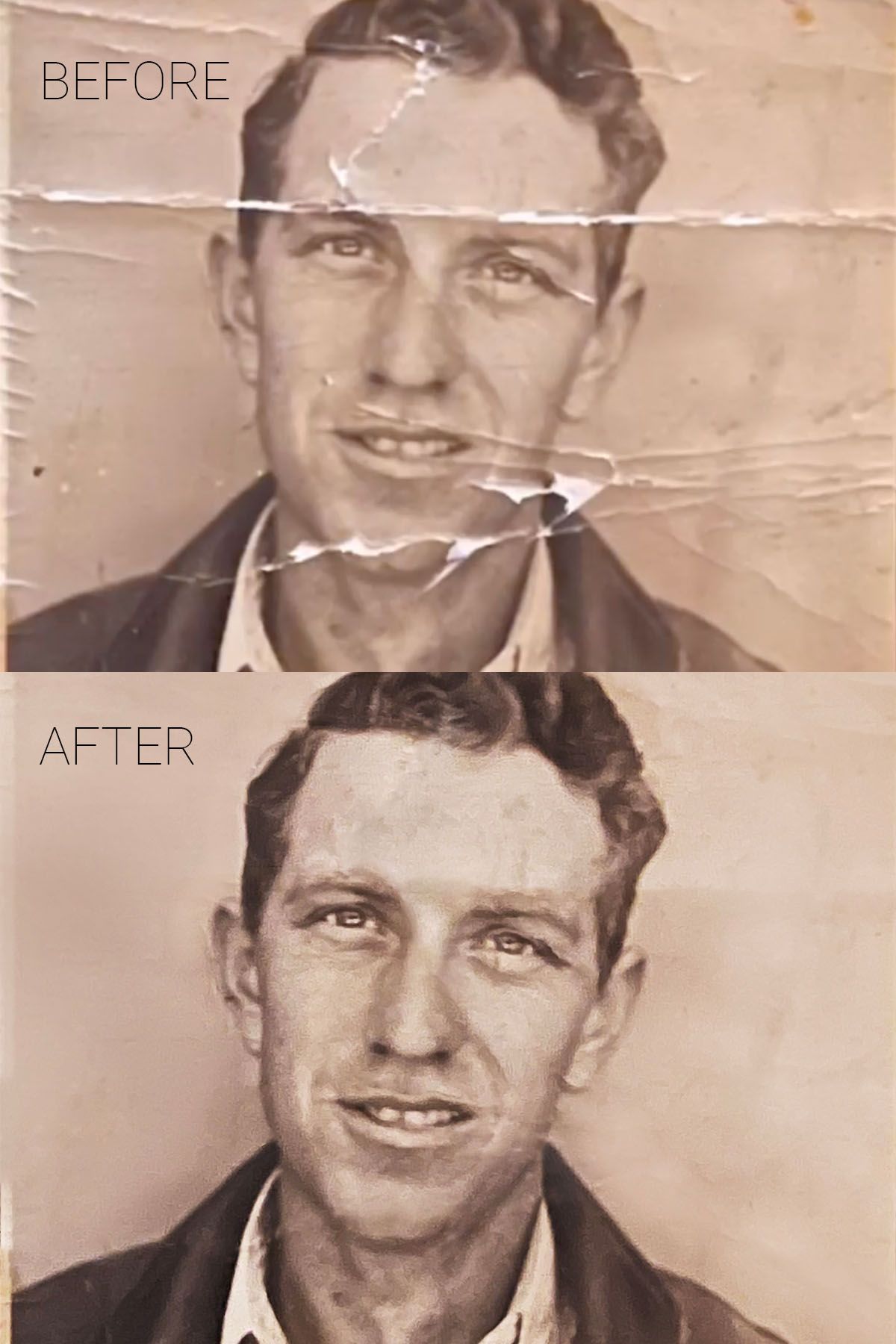 Before and after restoration comparison of a vintage sepia photograph showing photo repair.